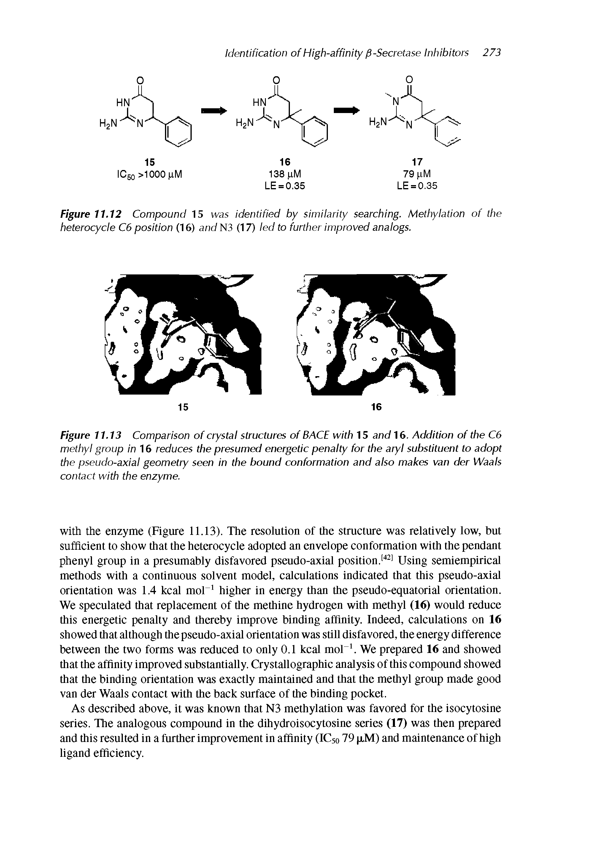 Figure 11.13 Comparison of crystal structures of BACE with 15 and 16. Addition of the C6 methyl group in 16 reduces the presumed energetic penalty for the aryl substituent to adopt the pseudo-axial geometry seen in the bound conformation and also makes van der Waals contact with the enzyme.