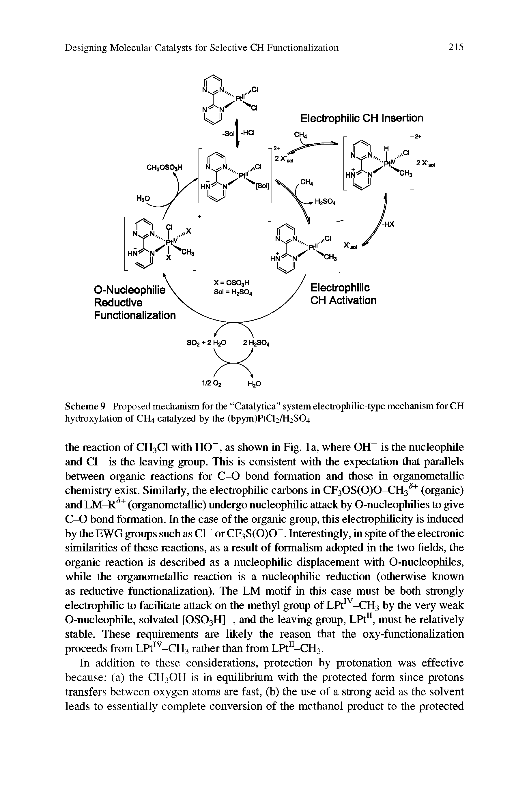 Scheme 9 Proposed mechanism for the Catalytica system electrophilic-type mechanism for CH hydroxylation of CH4 catalyzed by the (bpym)PtCl2/H2S04...