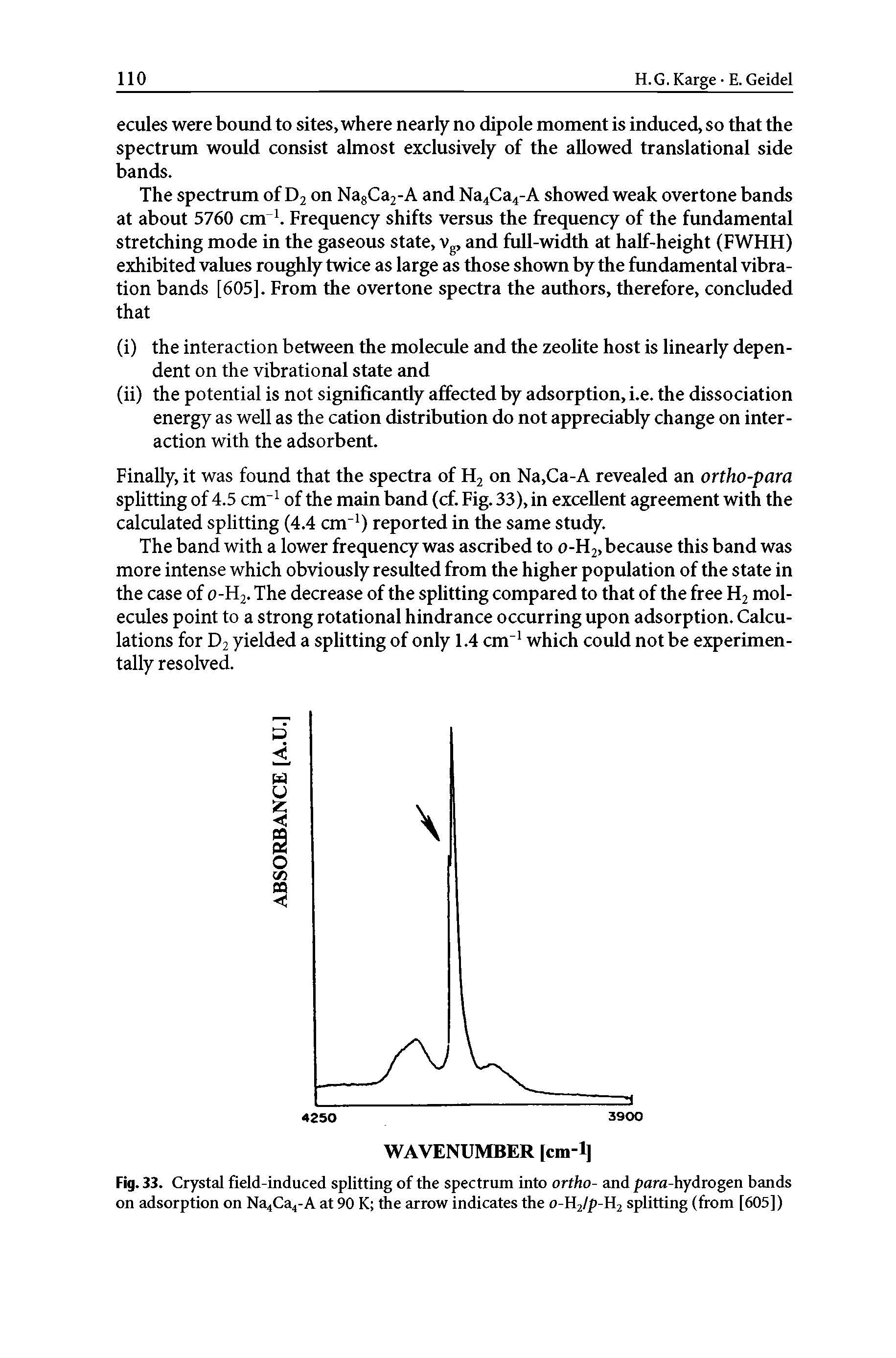 Fig. 33. Crystal field-induced splitting of the spectrum into ortho- and para-hydrogen bands on adsorption on Na4Ca4-A at 90 K the arrow indicates the o-Hj/p-Hj splitting (from [605])...