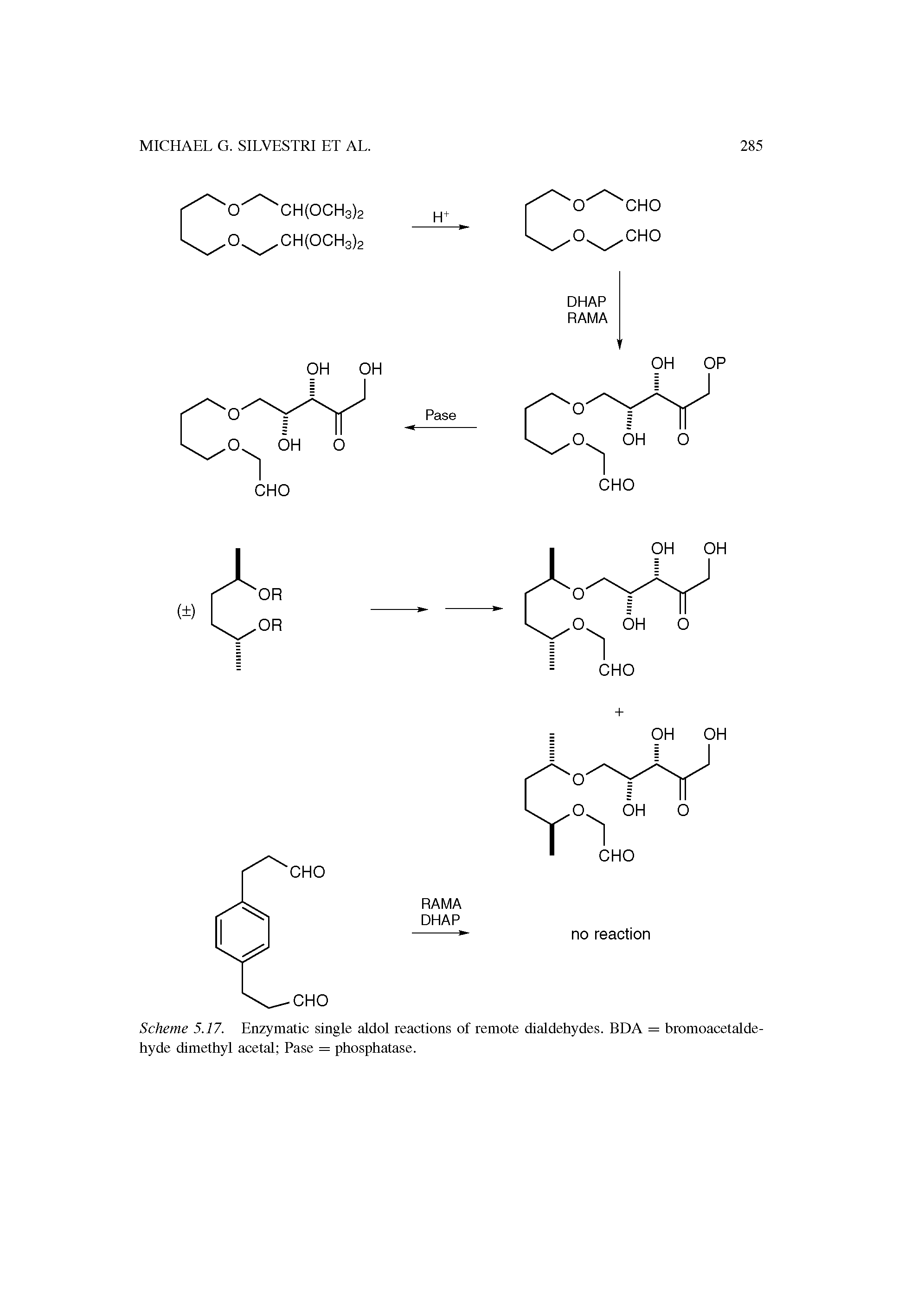 Scheme 5.17. Enzymatic single aldol reactions of remote dialdehydes. BDA = bromoacetalde-hyde dimethyl acetal Pase = phosphatase.