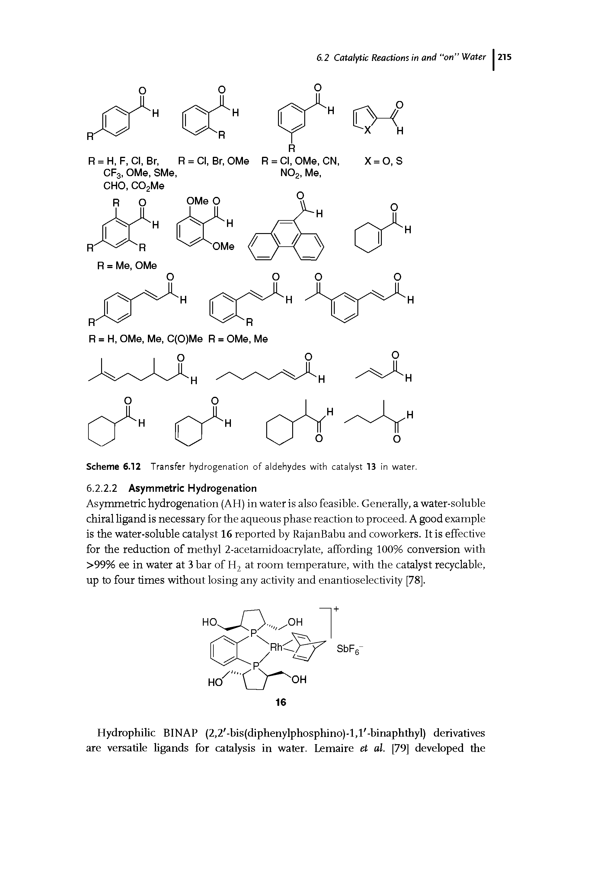 Scheme 6.12 Transfer hydrogenation of aldehydes with catalyst 13 in water.
