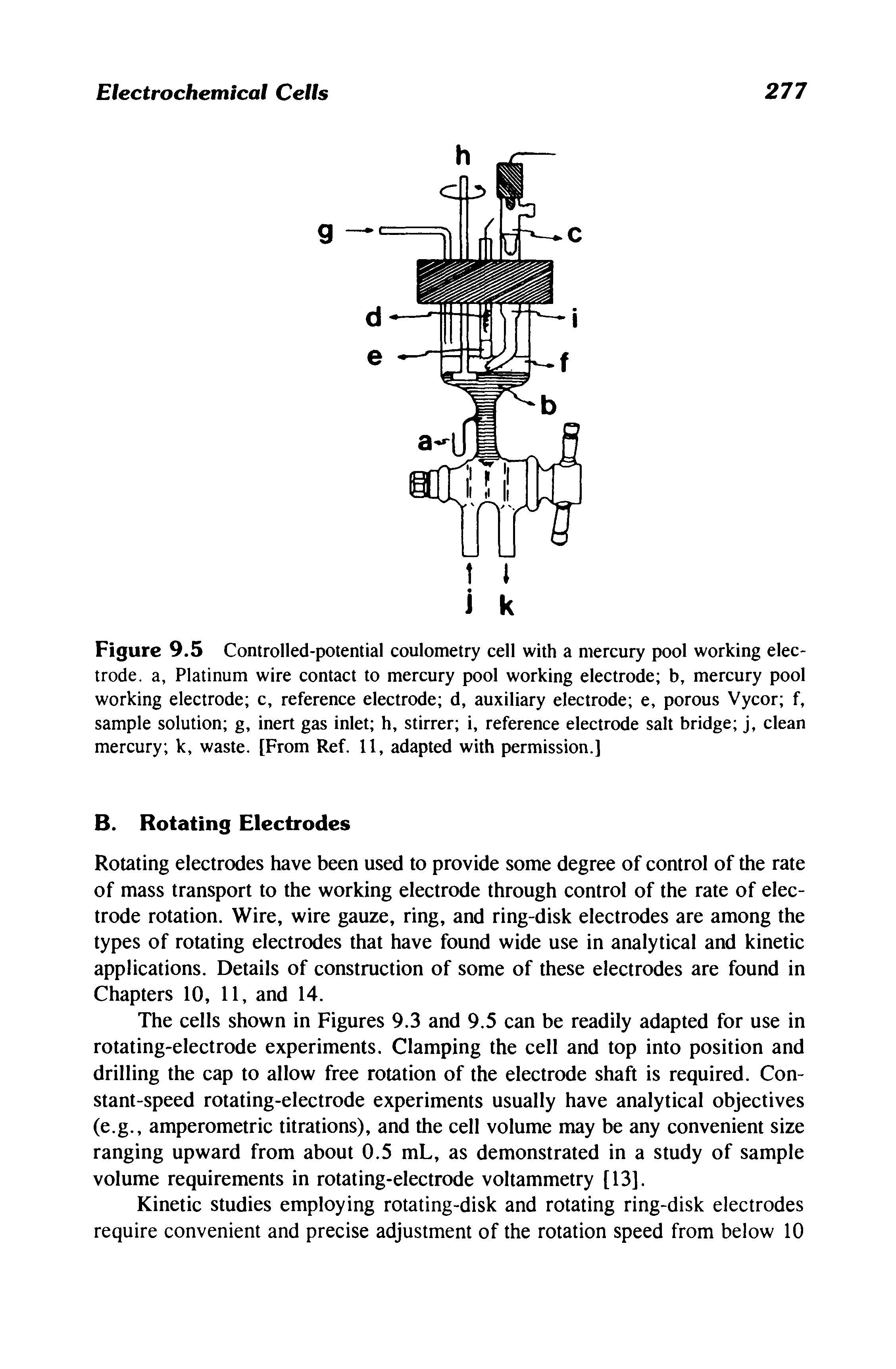 Figure 9.5 Controlled-potential coulometry cell with a mercury pool working electrode. a, Platinum wire contact to mercury pool working electrode b, mercury pool working electrode c, reference electrode d, auxiliary electrode e, porous Vycor f, sample solution g, inert gas inlet h, stirrer i, reference electrode salt bridge j, clean mercury k, waste. [From Ref. 11, adapted with permission.]...