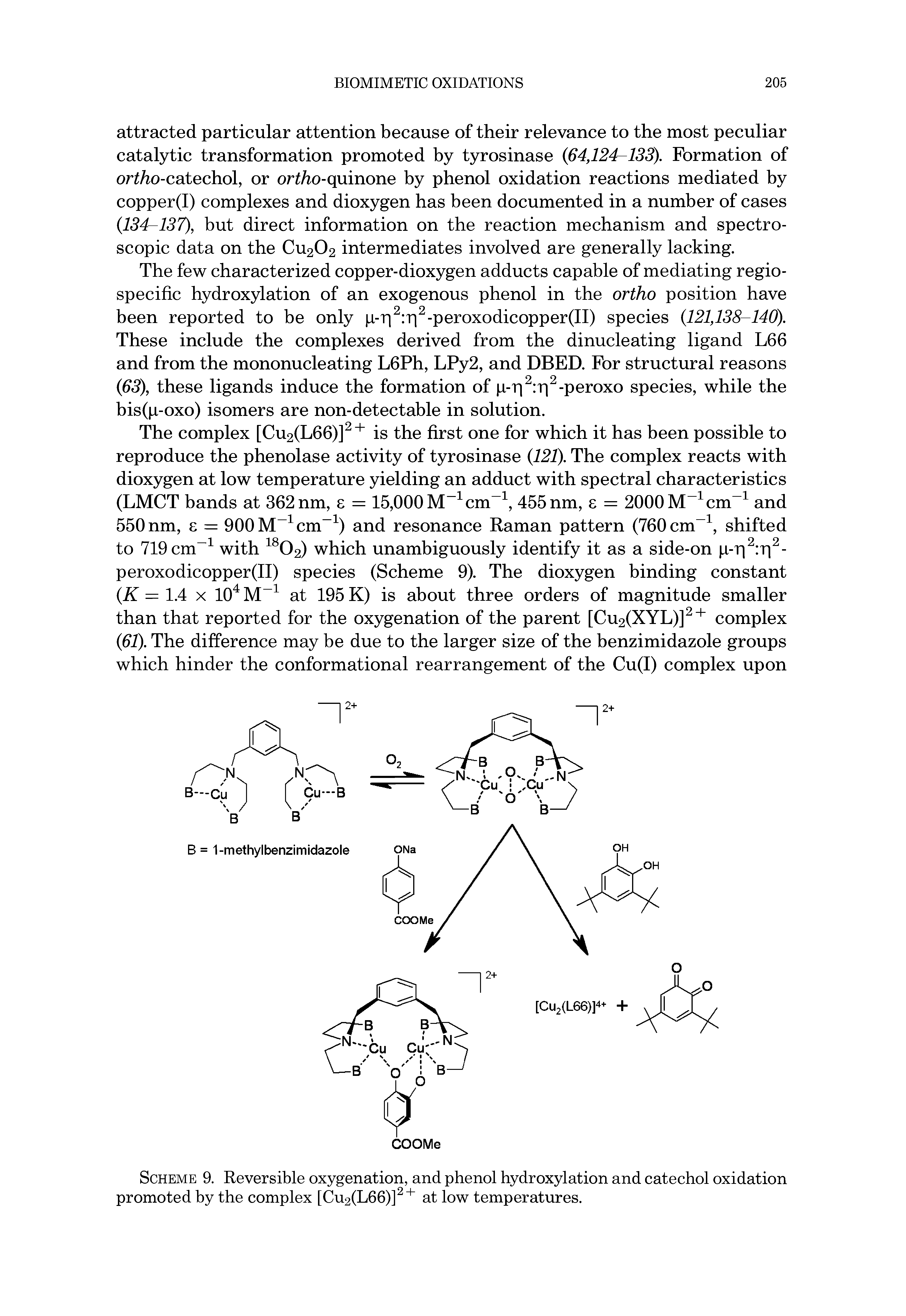 Scheme 9. Reversible oxygenation, and phenol hydroxylation and catechol oxidation promoted by the complex [Cu2(L66)] at low temperatures.