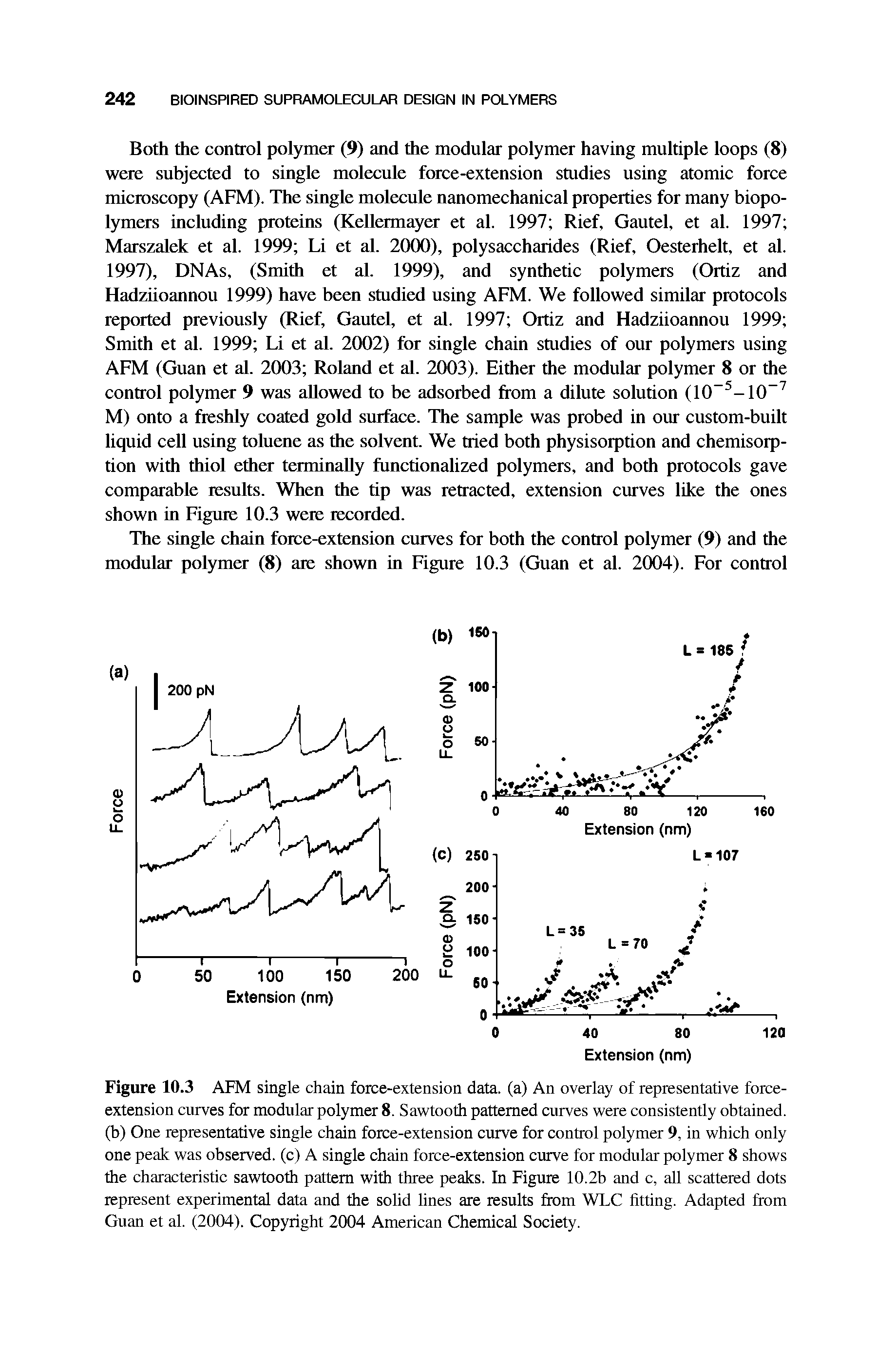 Figure 10.3 AFM single chain force-extension data, (a) An overlay of representative force-extension curves for modular polymer 8. Sawtooth patterned curves were consistently obtained, (b) One representative single chain force-extension curve for control polymer 9, in which only one peak was observed, (c) A single chain force-extension curve for modular polymer 8 shows the characteristic sawtooth pattern with three peaks. In Figure 10.2b and c, all scattered dots represent experimental data and the solid lines are results from WLC fitting. Adapted from Guan et al. (2004). Copyright 2004 American Chemical Society.