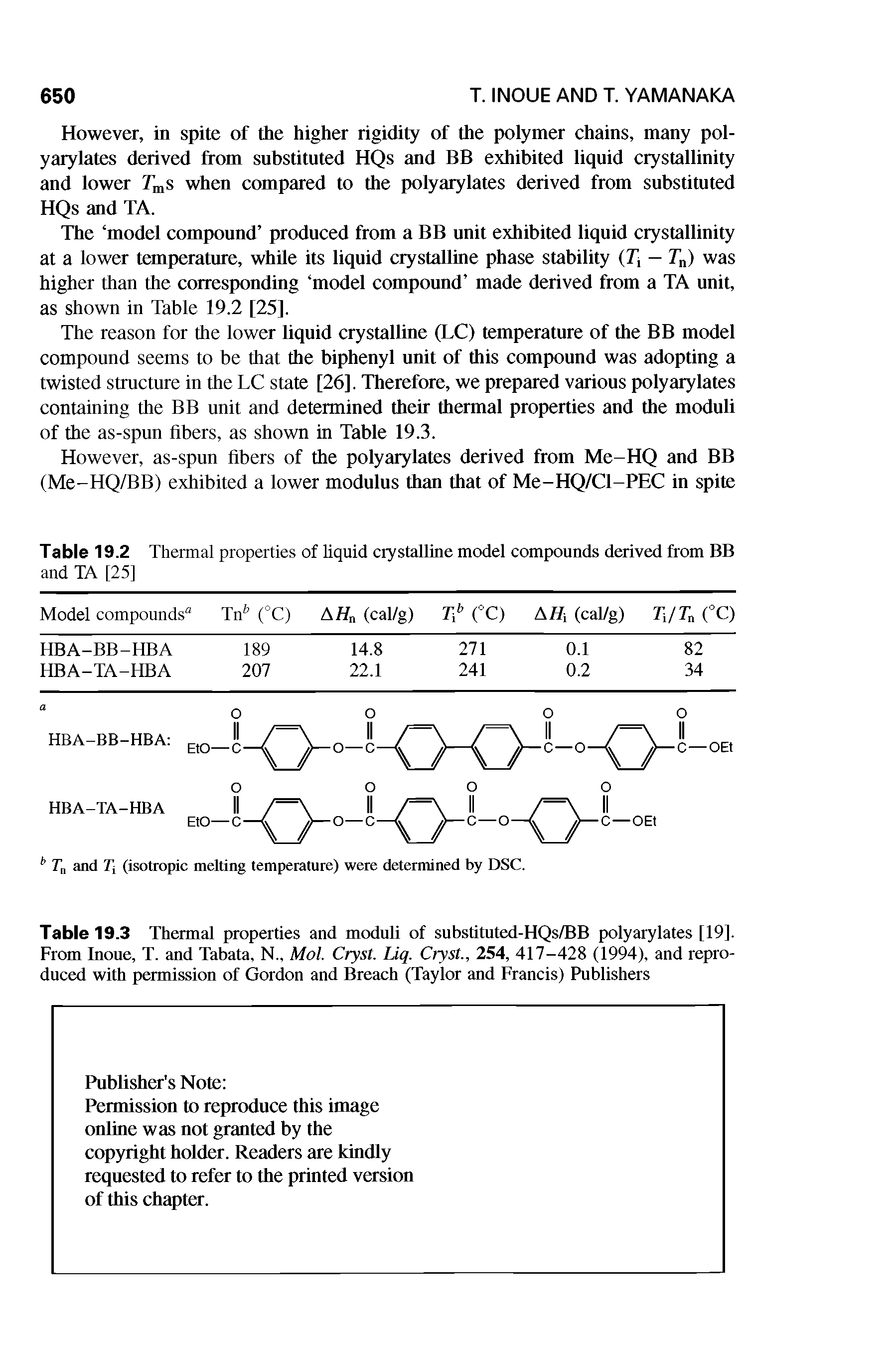 Table 19.3 Thermal properties and moduli of substituted-HQs/BB polyarylates [19]. From Inoue, T. and Tabata, N., Mol. Cryst. Liq. Cryst., 254, 417-428 (1994), and reproduced with permission of Gordon and Breach (Taylor and Francis) Publishers...