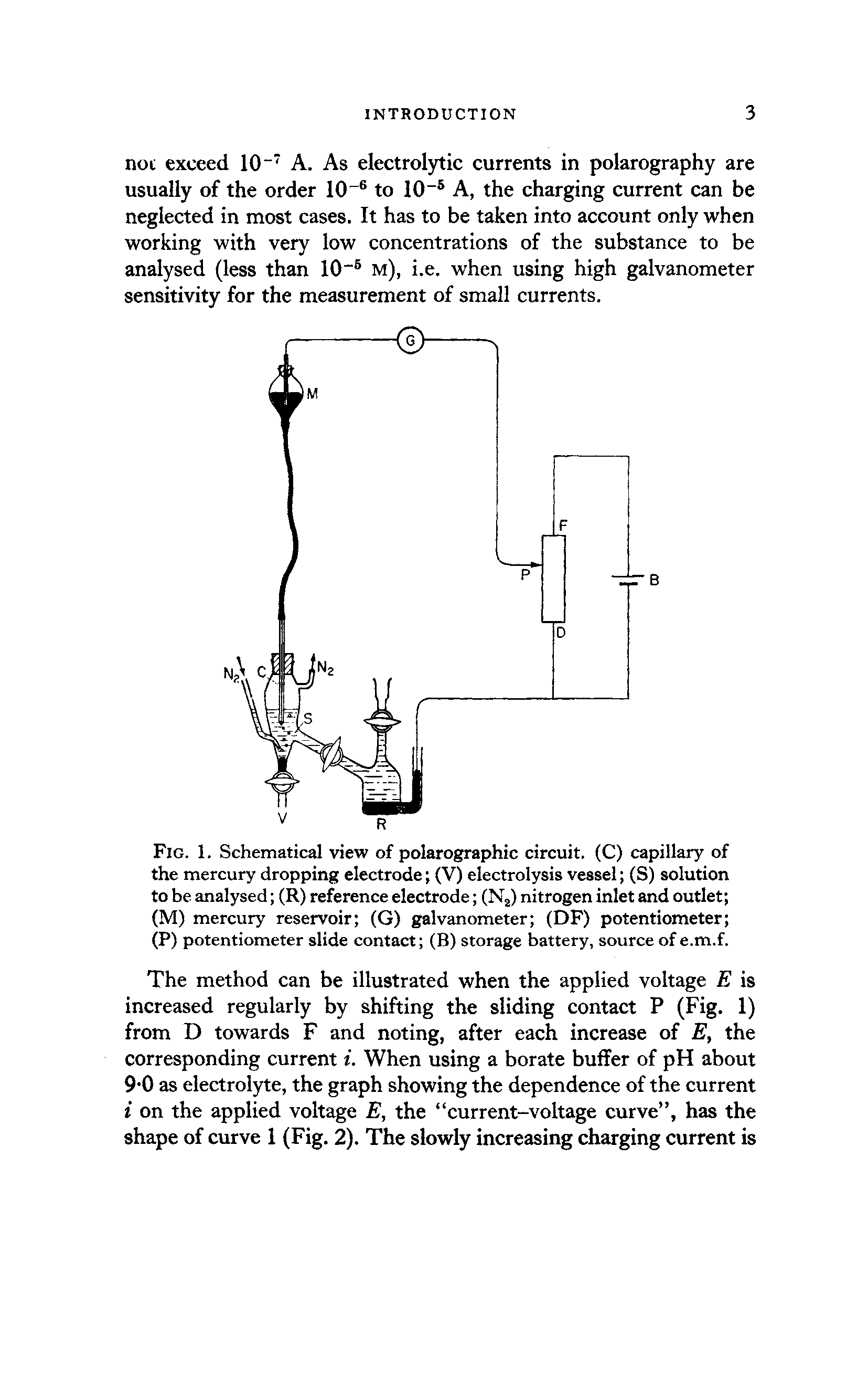 Fig. 1. Schematical view of polarographic circuit. (C) capillary of the mercury dropping electrode (V) electrolysis vessel (S) solution to be analysed (R) reference electrode (Nj) nitrogen inlet and outlet (M) mercury reservoir (G) galvanometer (DF) potentiometer ...