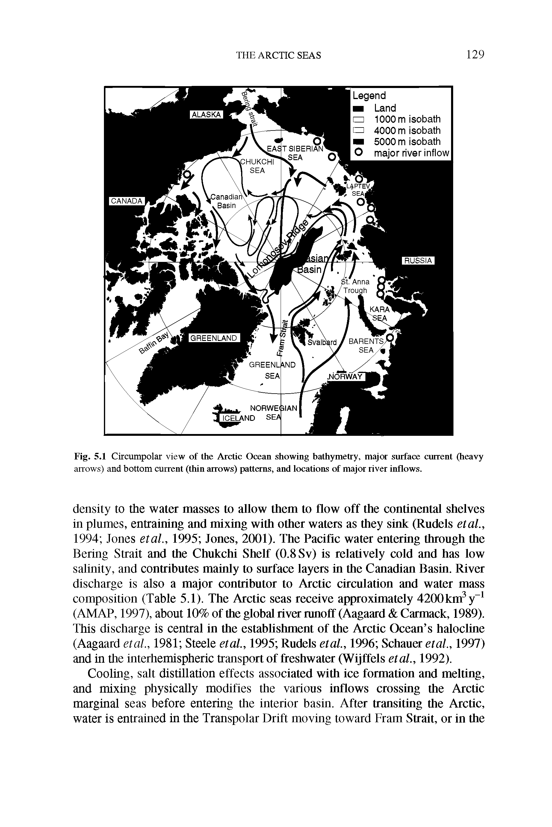 Fig. 5.1 Circumpolar view of the Arctic Ocean showing bathymetry, major surface current (heavy arrows) and bottom current (thin arrows) patterns, and locations of major river inflows.