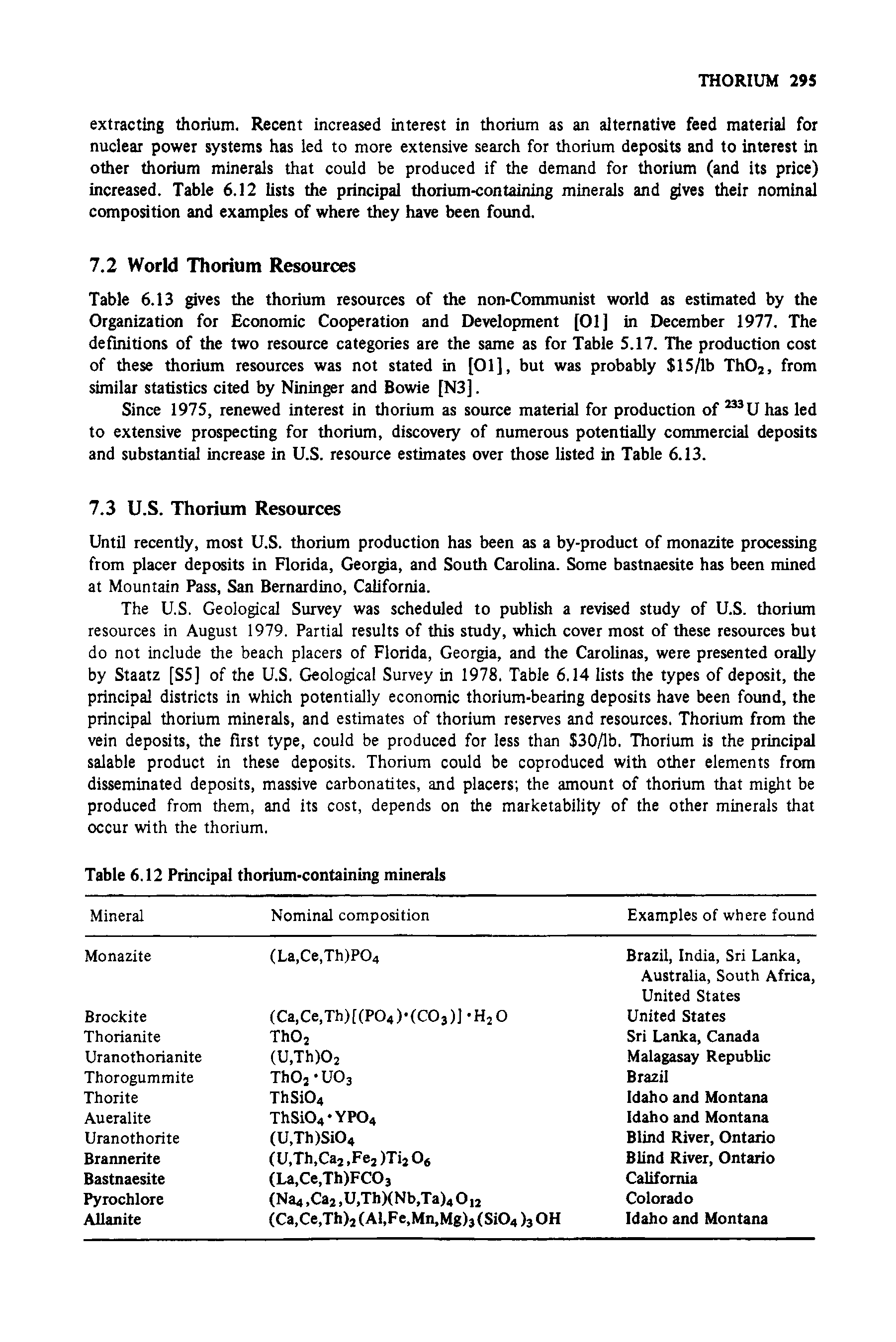 Table 6.13 gives the thorium resources of the non-Commimist world as estimated by the Organization for Economic Cooperation and Development [01] in December 1977. The definitions of the two resource categories are the same as for Table 5.17. The production cost of these thorium resources was not stated in [01], but was probably 15/lb ThOj, from similar statistics cited by Nininger and Bowie [N3].