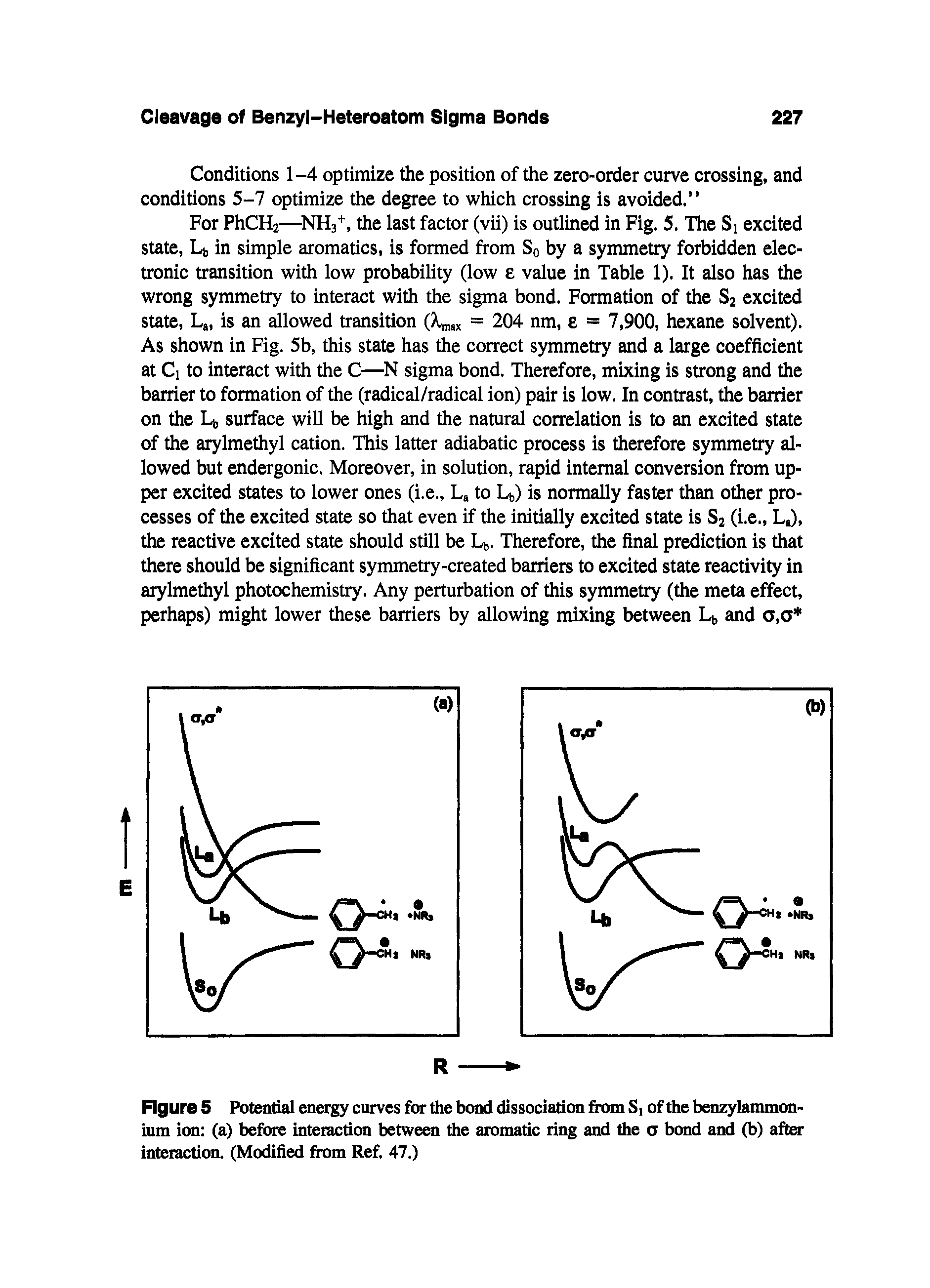 Figure 5 Potential energy curves for the bond dissociation from Si of the benzylammon-ium ion (a) before interaction between the aromatic ring and the a bond and (b) after interaction. (Modified from Ref. 47.)...