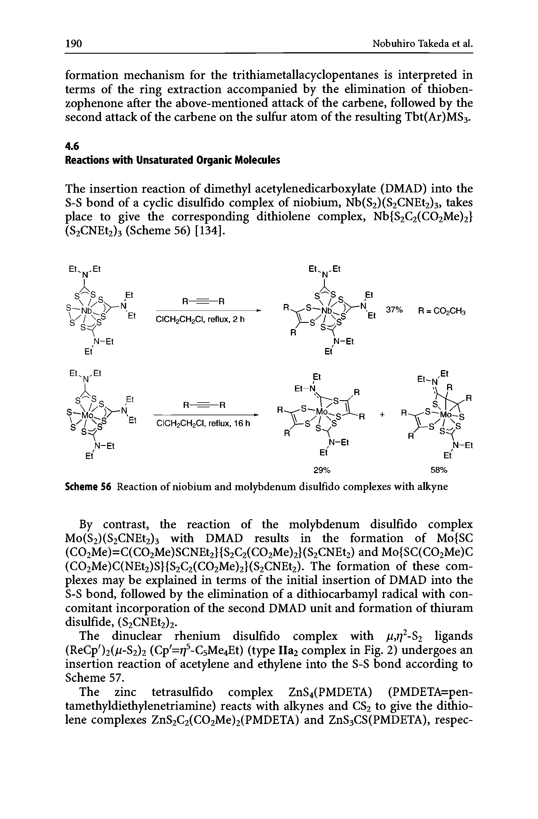 Scheme 56 Reaction of niobium and molybdenum disulfido complexes with alkyne...