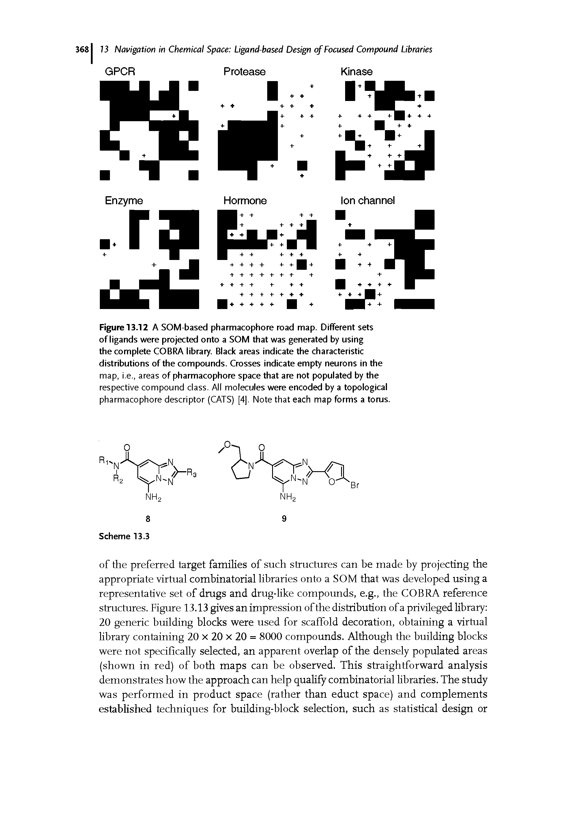 Figure 13.12 A SOM-based pharmacophore road map. Different sets of ligands were projected onto a SOM that was generated by using the complete COBRA library. Black areas indicate the characteristic distributions of the compounds. Crosses indicate empty neurons in the map, i.e., areas of pharmacophore space that are not populated by the respective compound class. All molecules were encoded by a topological pharmacophore descriptor (CATS) [4], Note that each map forms a torus.