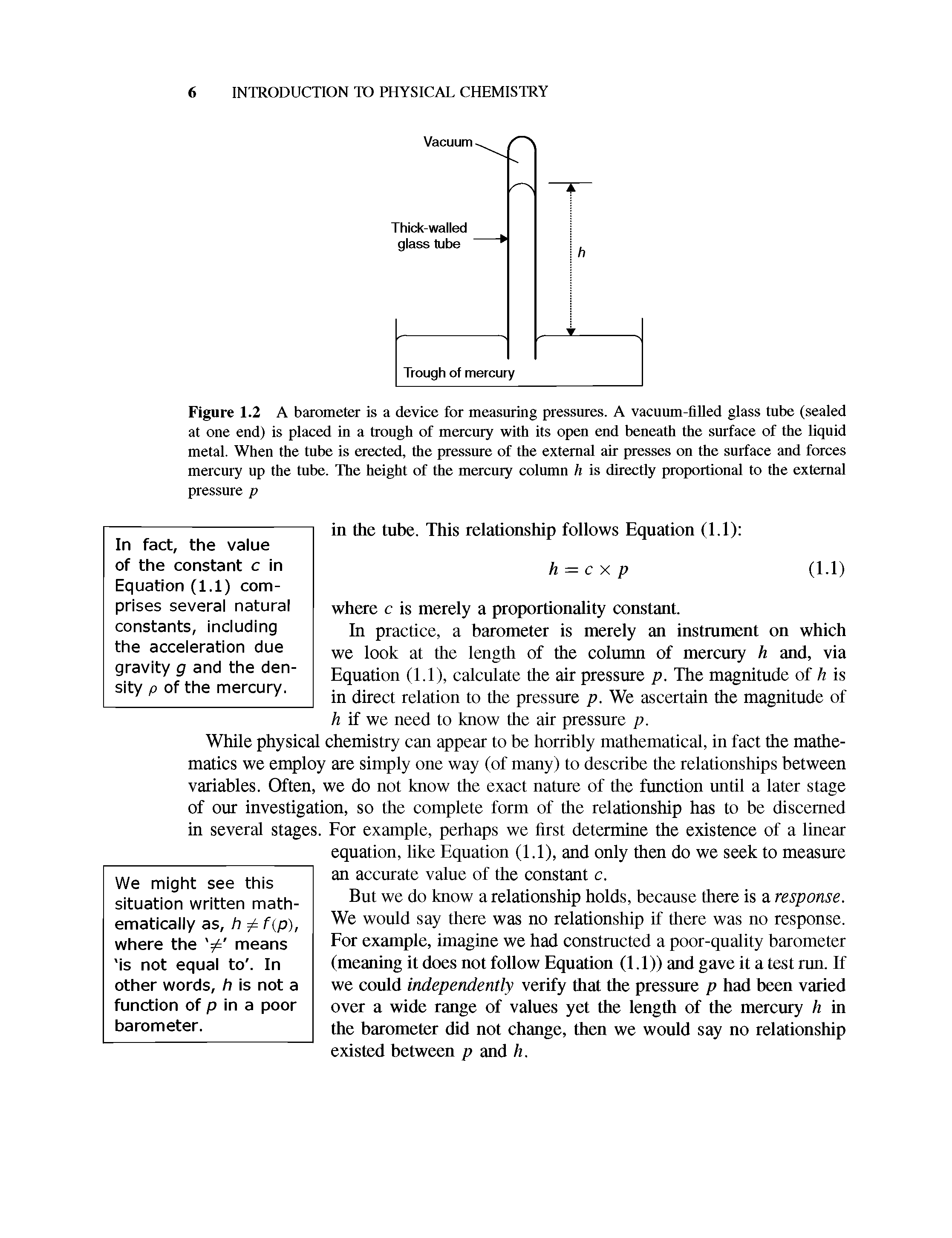 Figure 1.2 A barometer is a device for measuring pressures. A vacuum-filled glass tube (sealed at one end) is placed in a trough of mercury with its open end beneath the surface of the liquid metal. When the tube is erected, the pressure of the external air presses on the surface and forces mercury up the tube. The height of the mercury column li is directly proportional to the external pressure p...