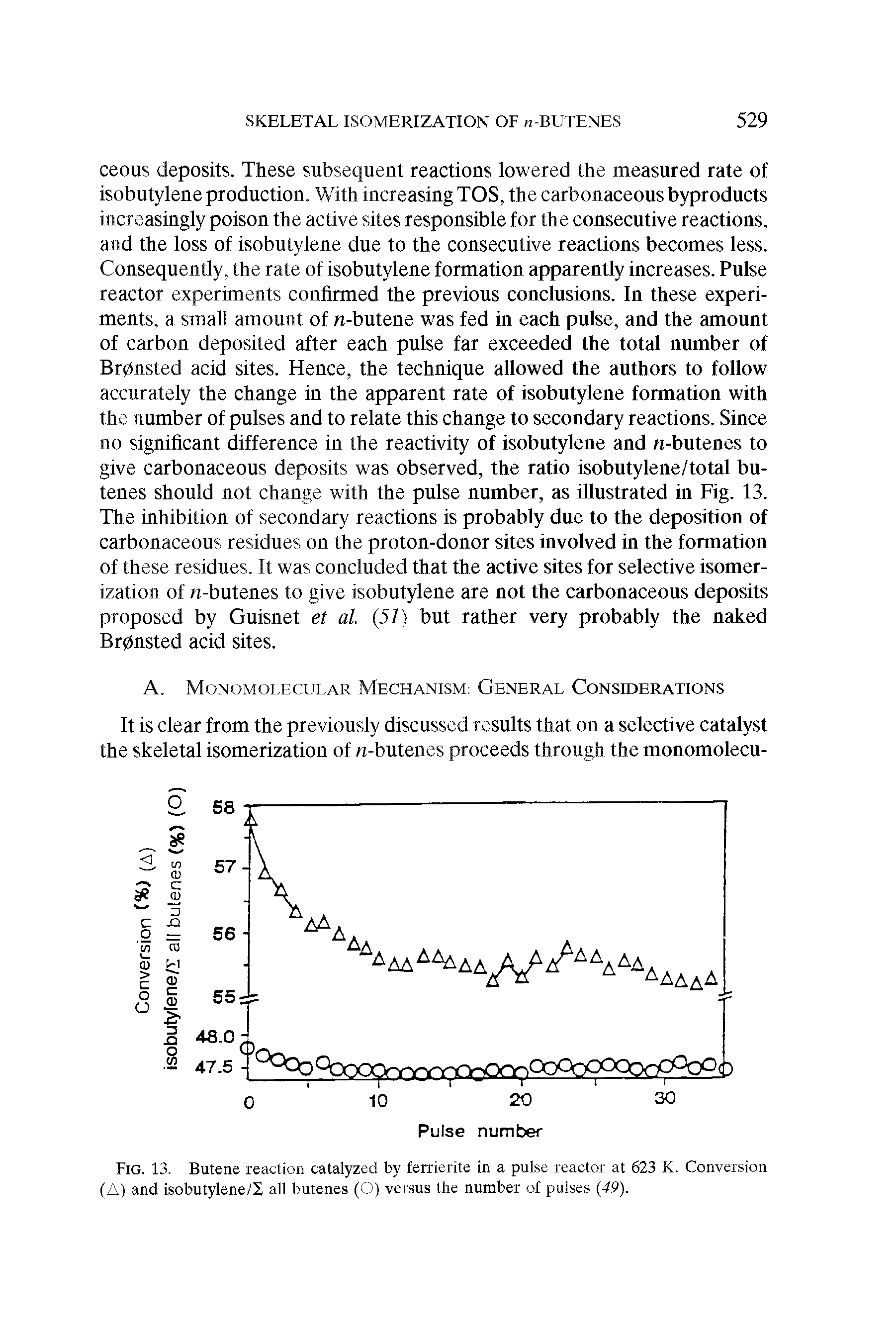 Fig. 13. Butene reaction catalyzed by ferrierite in a pulse reactor at 623 K. Conversion (A) and isobutylene/X all butenes (O) versus the number of pulses (49).