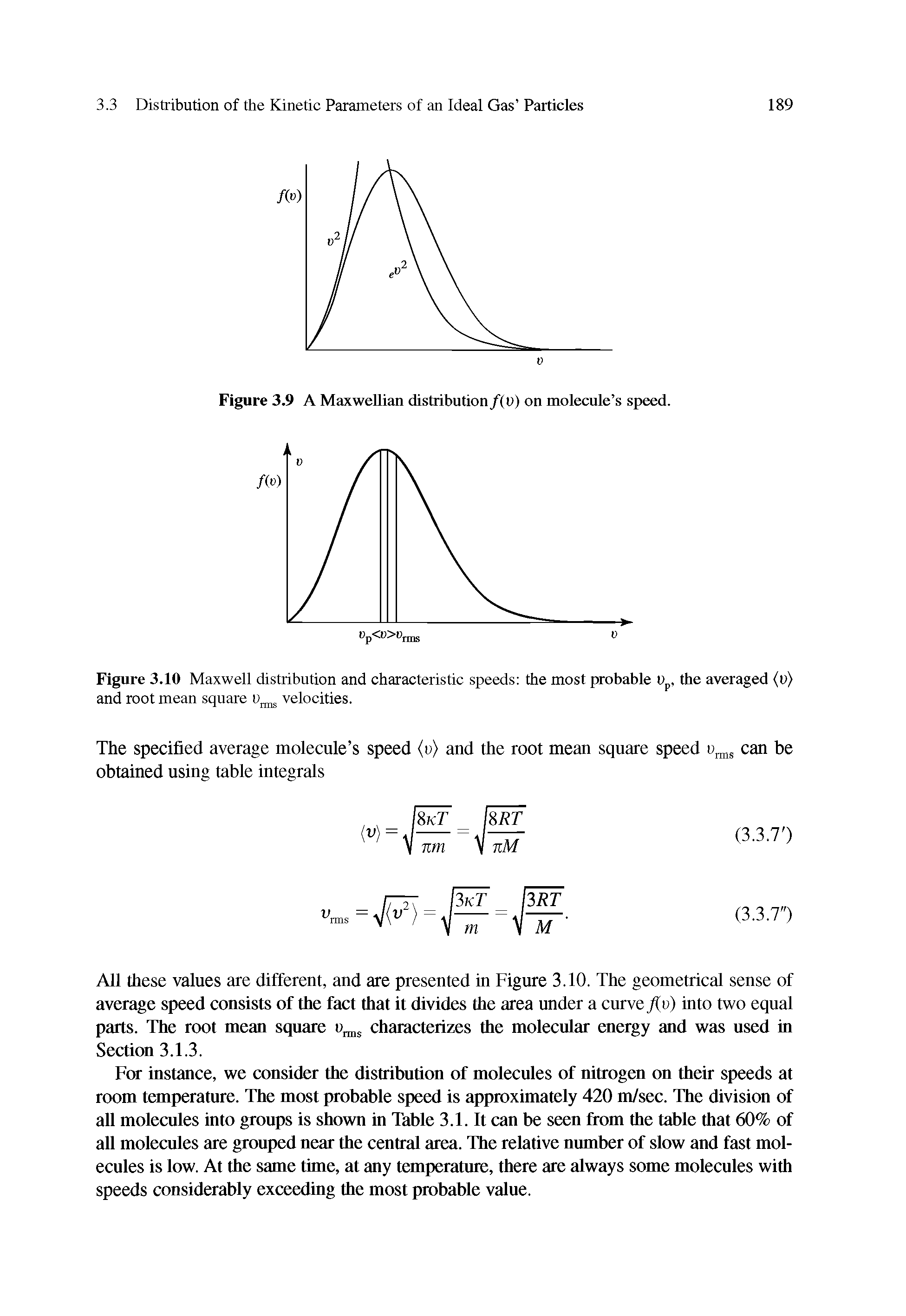 Figure 3.10 Maxwell distribution and characteristic speeds the most probable Dp, the averaged (n) and root mean square velocities.