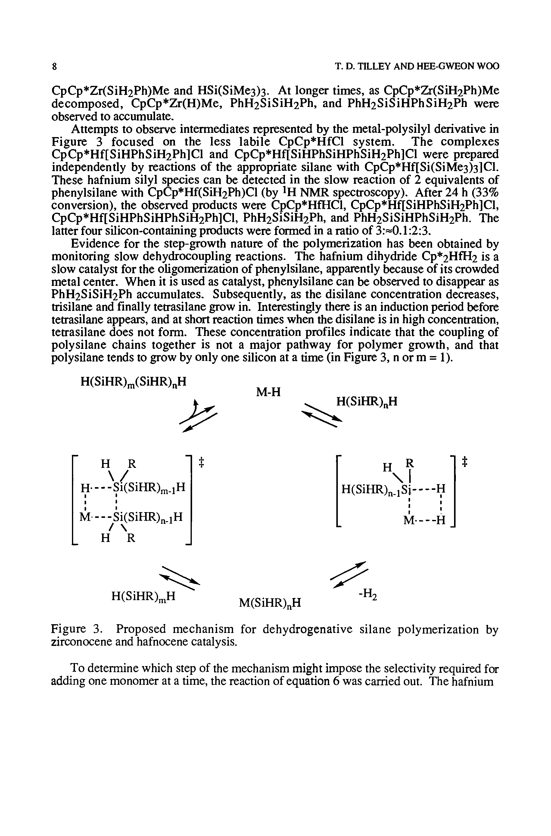 Figure 3. Proposed mechanism for dehydrogenative silane polymerization by zirconocene and hafnocene catalysis.