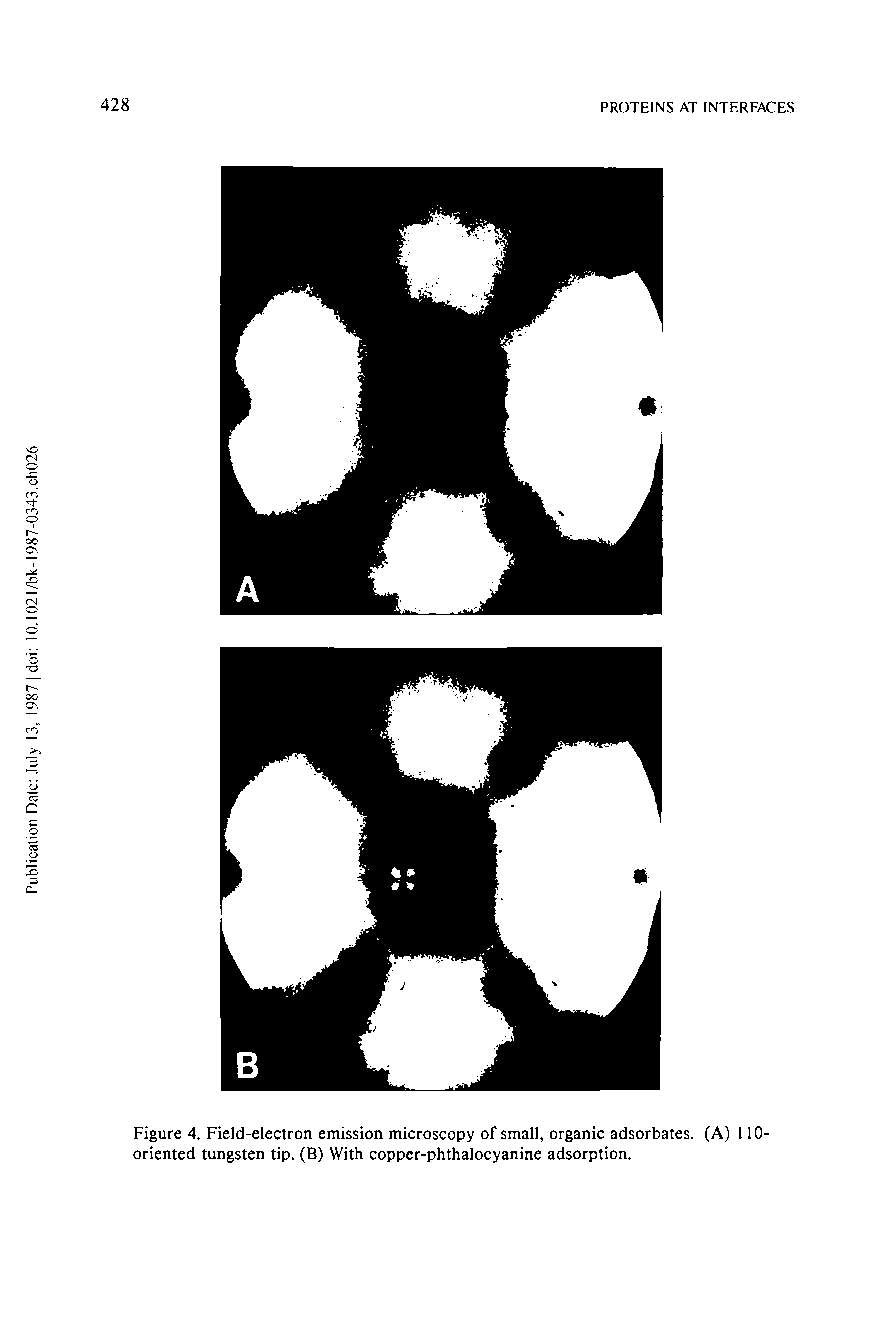 Figure 4. Field-electron emission microscopy of small, organic adsorbates. (A) 110-oriented tungsten tip. (B) With copper-phthalocyanine adsorption.