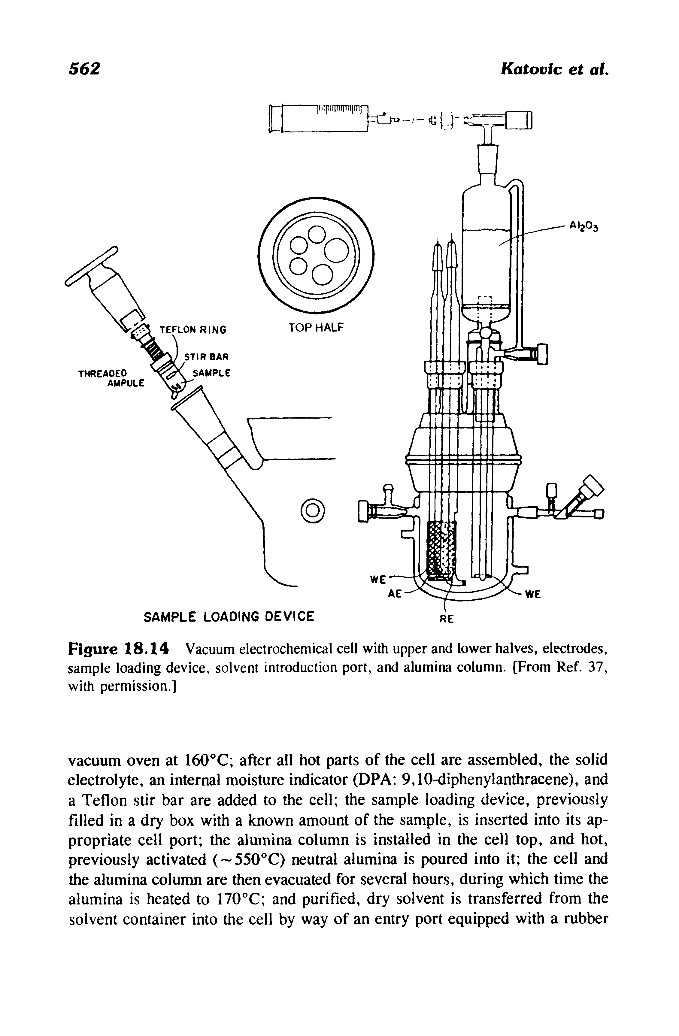 Figure 18.14 Vacuum electrochemical cell with upper and lower halves, electrodes, sample loading device, solvent introduction port, and alumina column. [From Ref. 37, with permission.]...