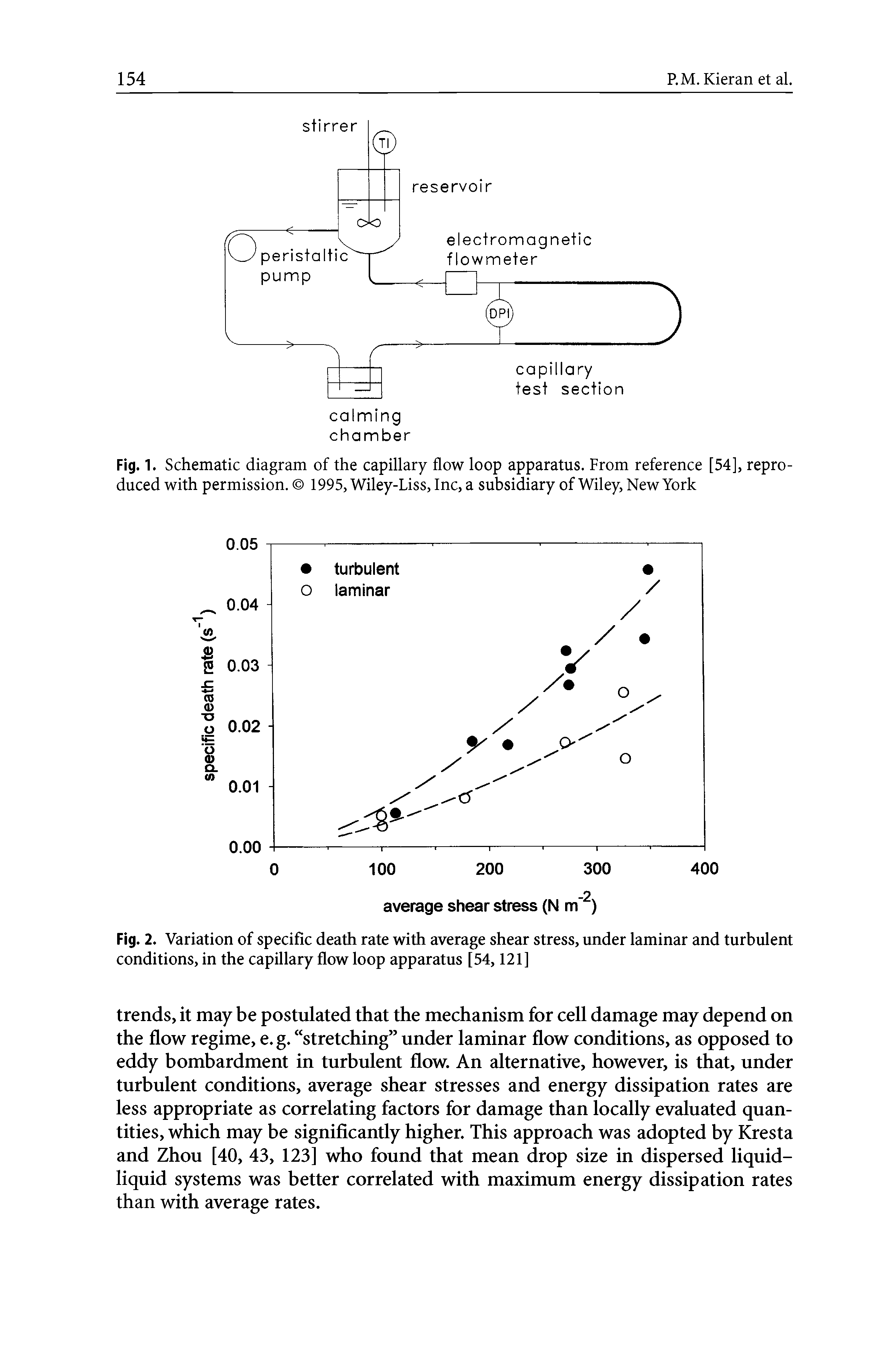 Fig. 2. Variation of specific death rate with average shear stress, under laminar and turbulent conditions, in the capillary flow loop apparatus [54,121]...