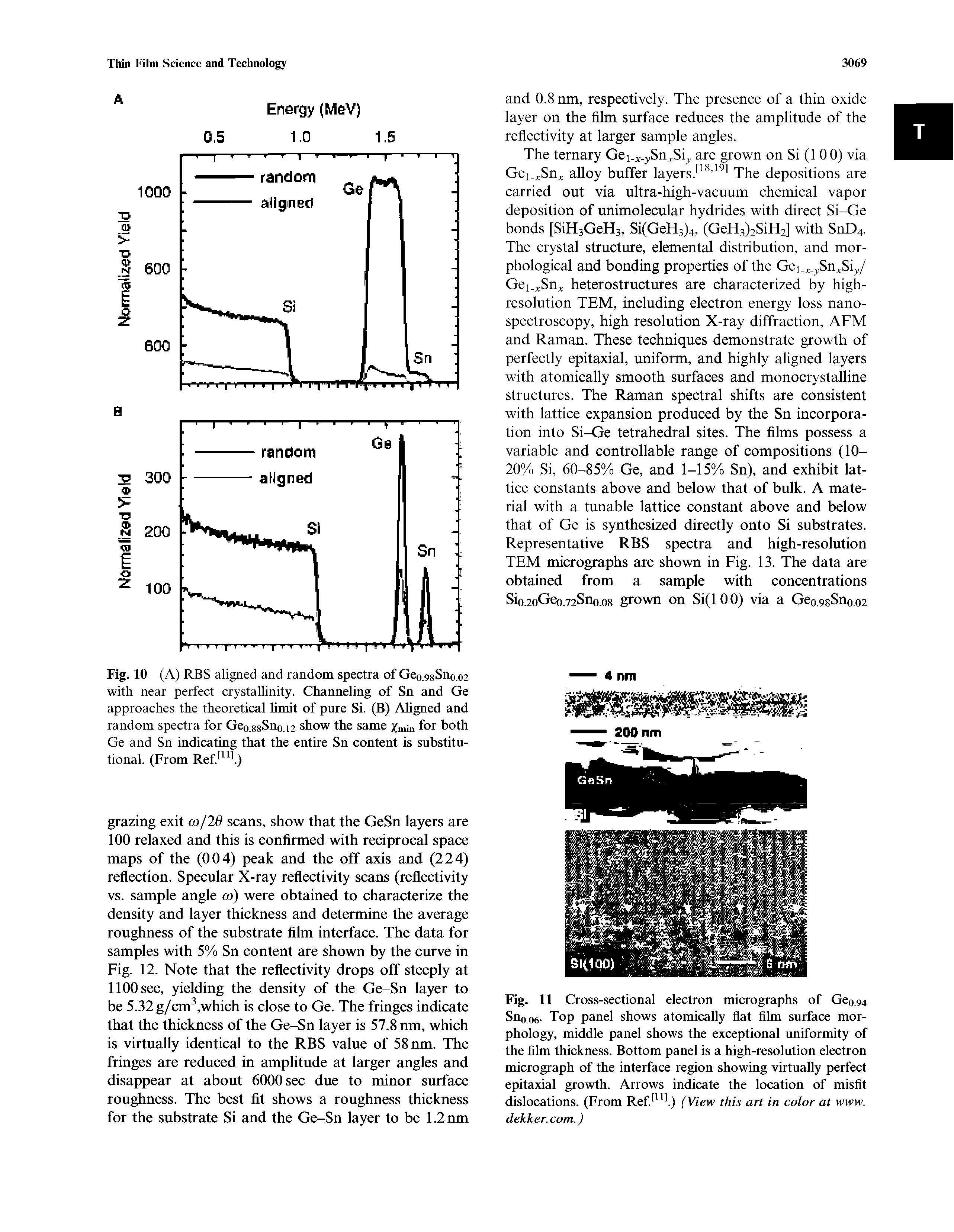 Fig. 11 Cross-sectional electron micrographs of Geo.94 Snoo6- Top panel shows atomically flat film surface morphology, middle panel shows the exceptional uniformity of the film fhickness. Bottom panel is a high-resolution electron micrograph of the interface region showing virtually perfect epitaxial growth. Arrows indicate the location of misfit dislocations. (From Ref. l) (View this art in color at www. dekker.com.)...