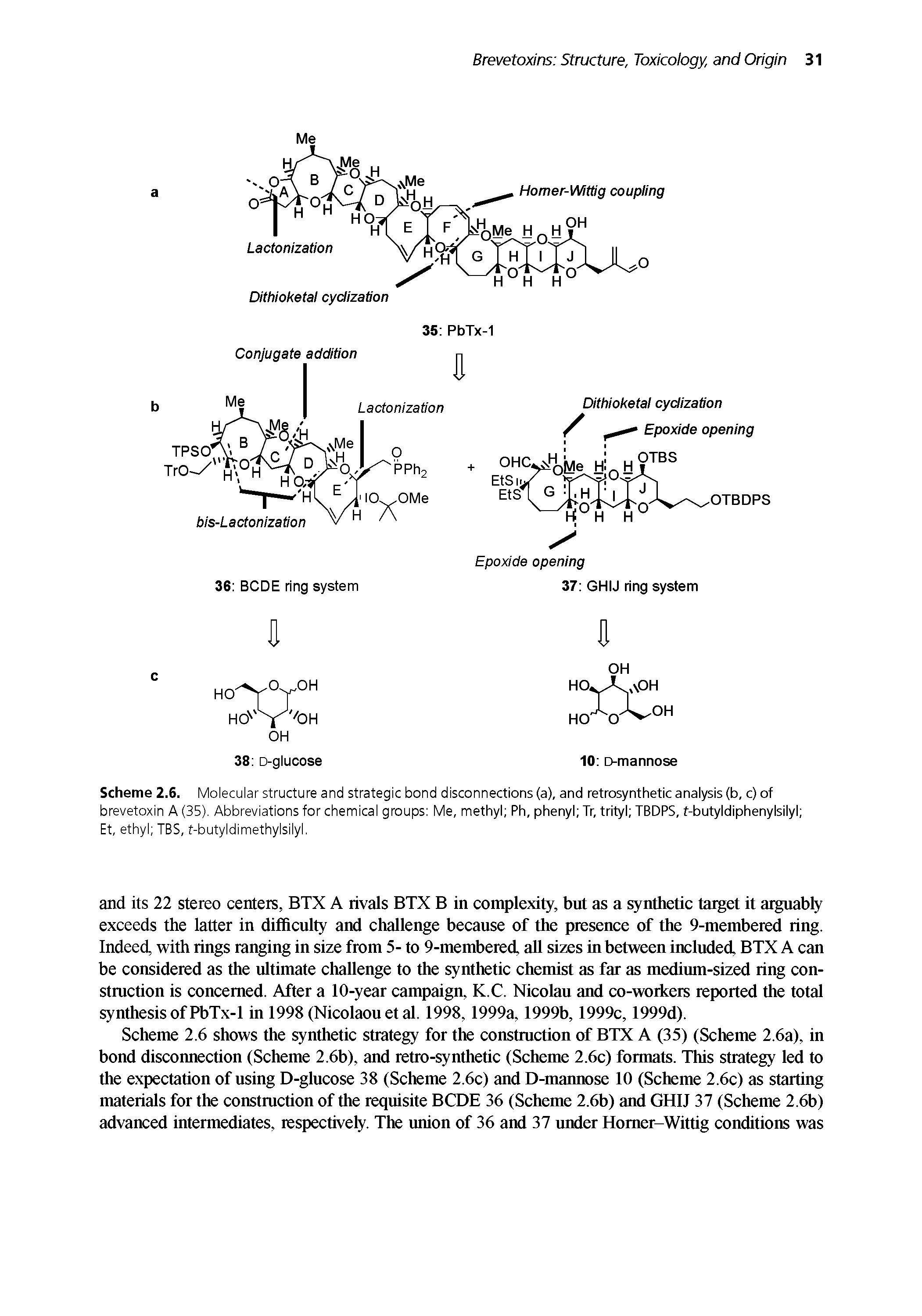 Scheme 2.6. Molecular structure and strategic bond disconnections (a), and retrosynthetic analysis (b, c) of brevetoxin A (35). Abbreviations for chemical groups Me, methyl Ph, phenyl Tr, trityl TBDPS, f-butyidiphenylsilyl ...