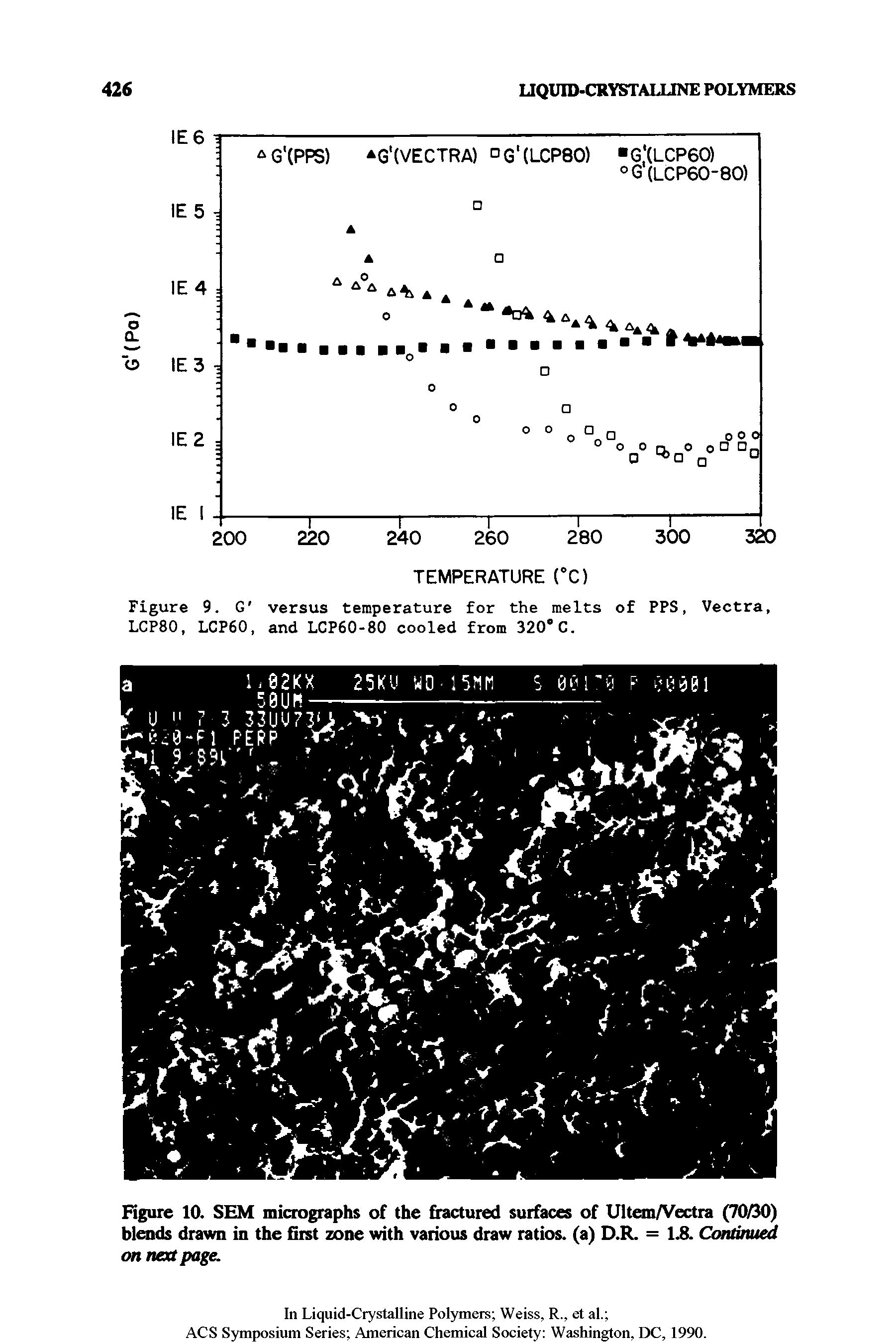 Figure 10. SEM micrographs of the fractured surfaces of Ultem/Vectra (70/30) blends drawn in the Gist zone with various draw ratios, (a) D.R. = 1.8. Continued on next page.
