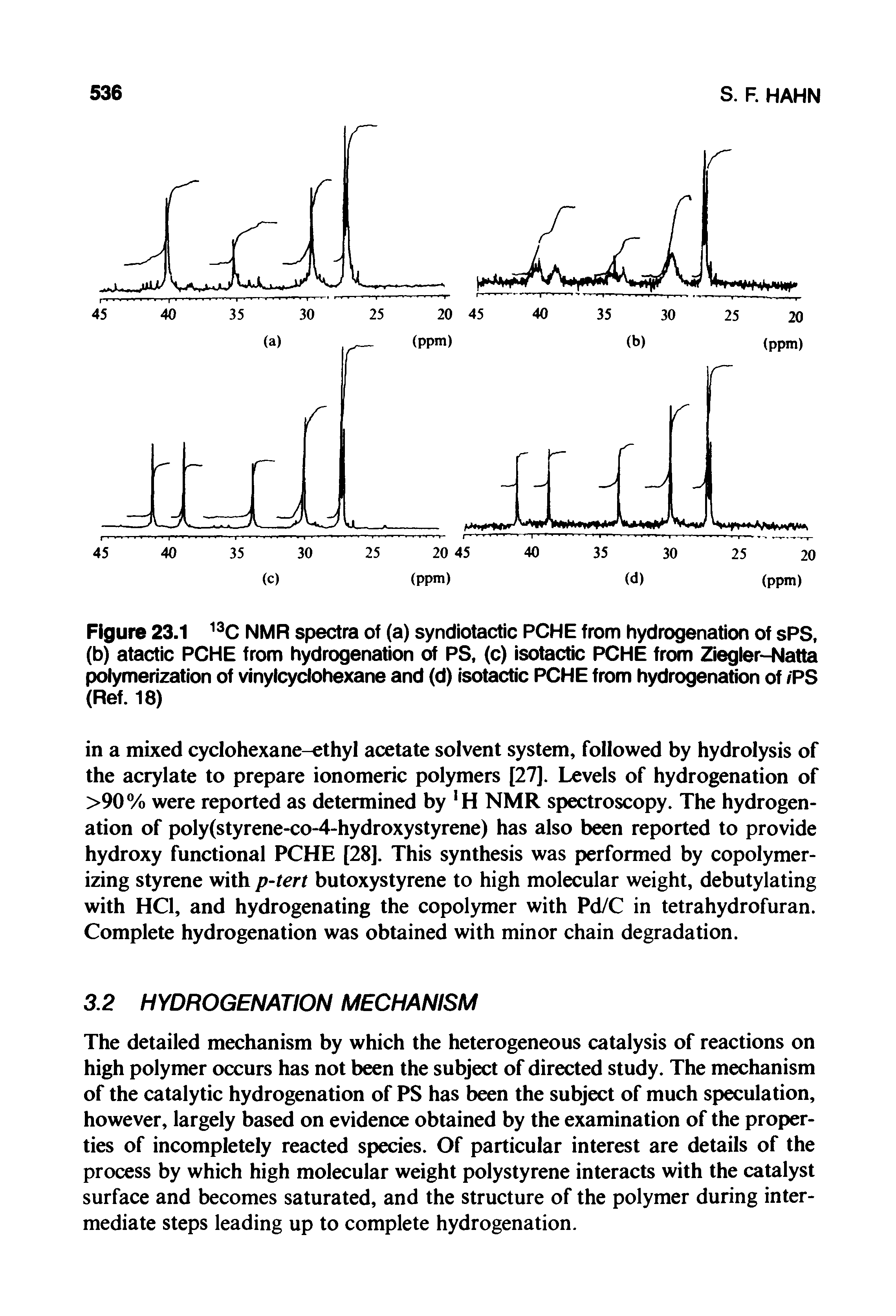 Figure 23.1 13C NMR spectra of (a) syndiotactic PCHE from hydrogenation of sPS, (b) atactic PCHE from hydrogenation of PS, (c) isotactic PCHE from Ziegler-Natta polymerization of vinylcyclohexane and (d) isotactic PCHE from hydrogenation of /PS (Ref. 18)...
