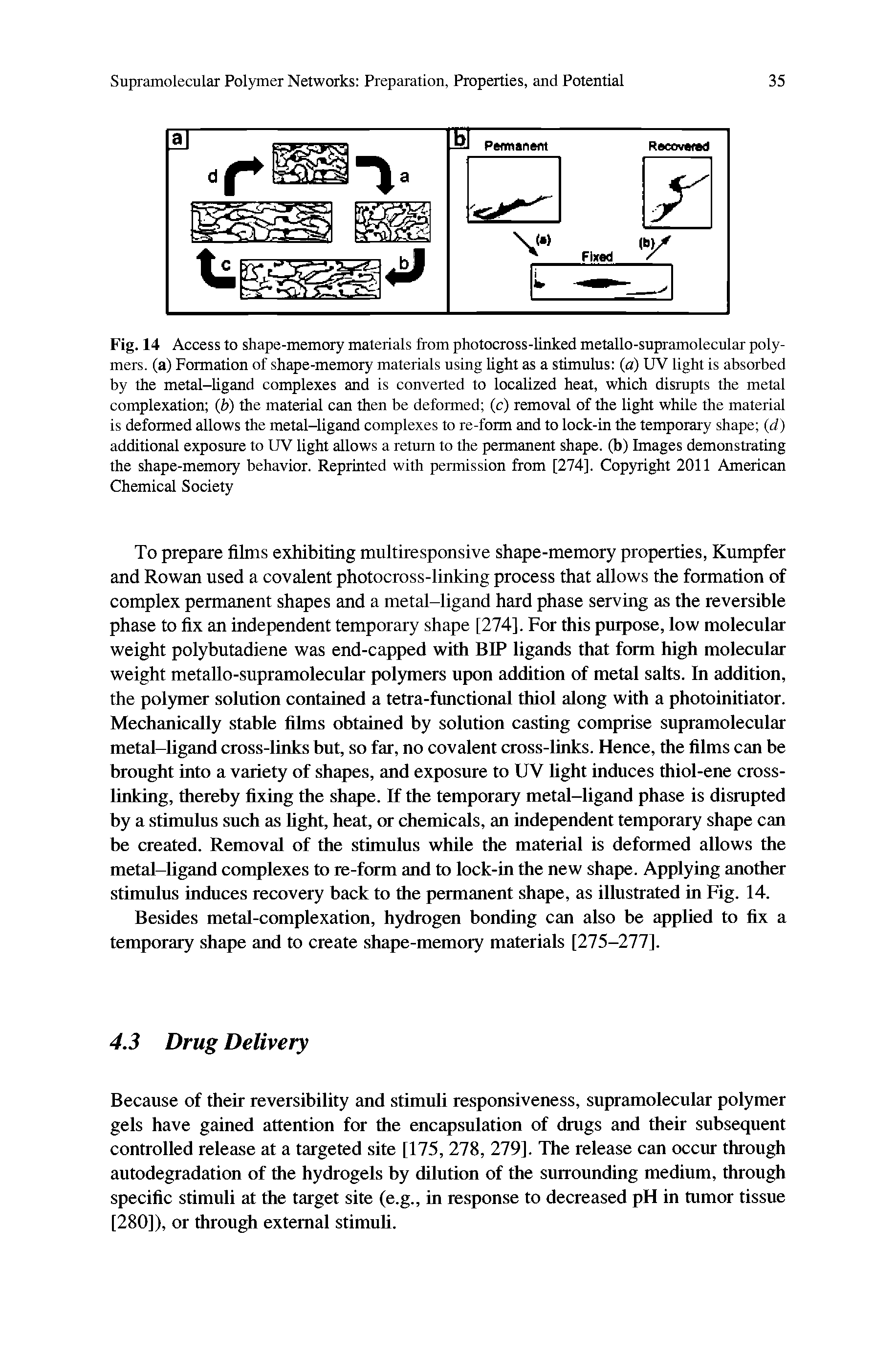 Fig. 14 Access to shape-memory materials from photocross-linked metallo-supramolecular polymers. (a) Formation of shape-memory materials using light as a stimulus (a) UV light is absorbed by the metal-ligand complexes and is converted to localized heat, which disrupts the metal complexation (i>) the material can then be deformed (c) removal of the light while the material is deformed allows the metal-ligand complexes to re-form and to lock-in the temporary shape id) additional exposure to UV light allows a return to the permanent shape, (b) Images demonstrating the shape-memory behavior. Reprinted with permission from [274]. Copyright 2011 American Chemical Society...