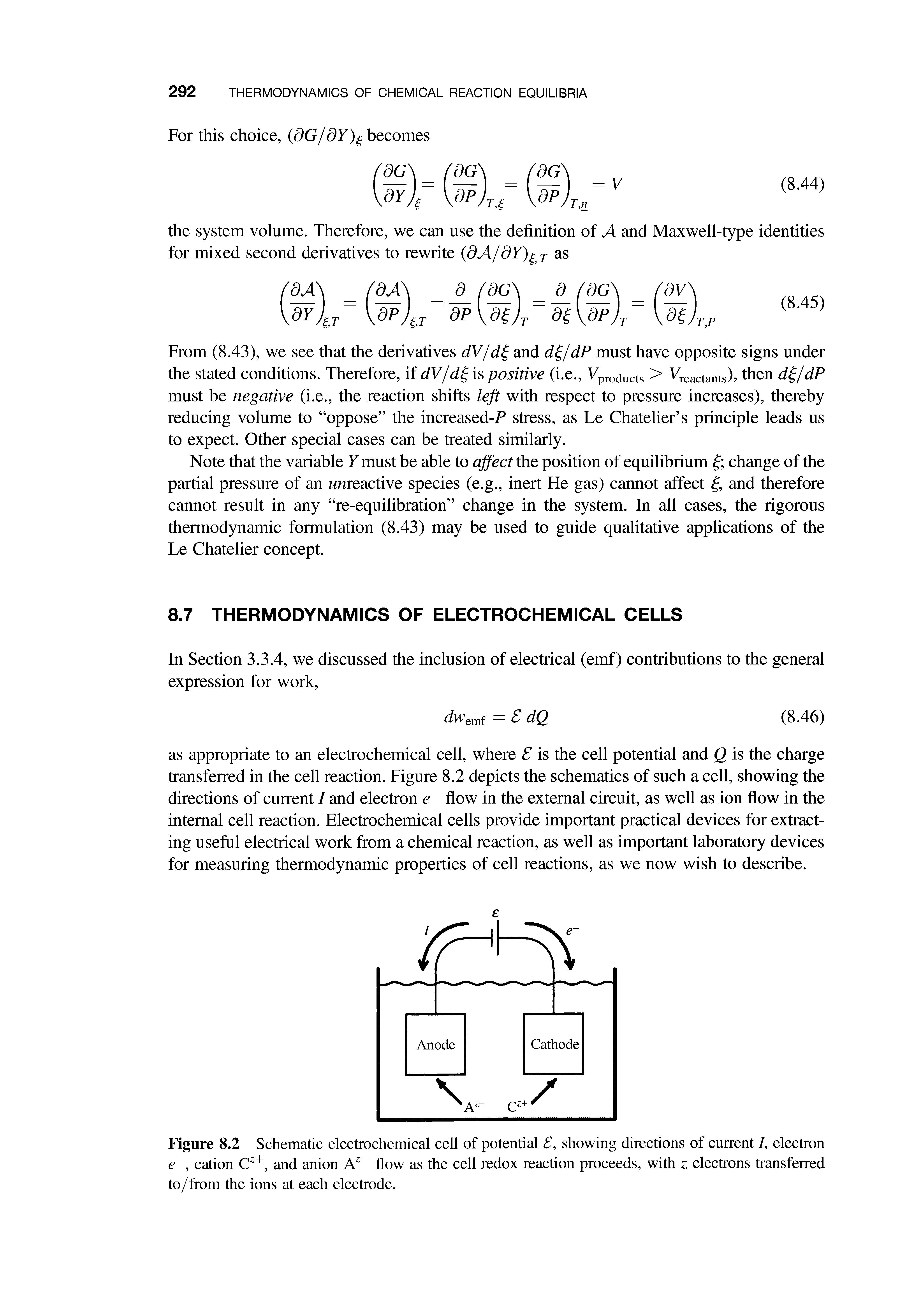 Figure 8.2 Schematic electrochemical cell of potential , showing directions of current /, electron e, cation Cz+, and anion Az flow as the cell redox reaction proceeds, with z electrons transferred to/from the ions at each electrode.