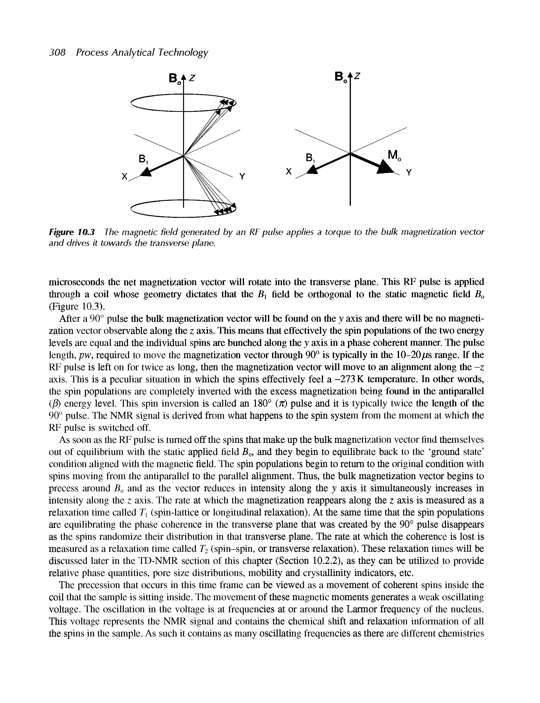 Figure 10.3 The magnetic field generated by an RF pulse applies a torque to the bulk magnetization vector and drives it towards the transverse plane.