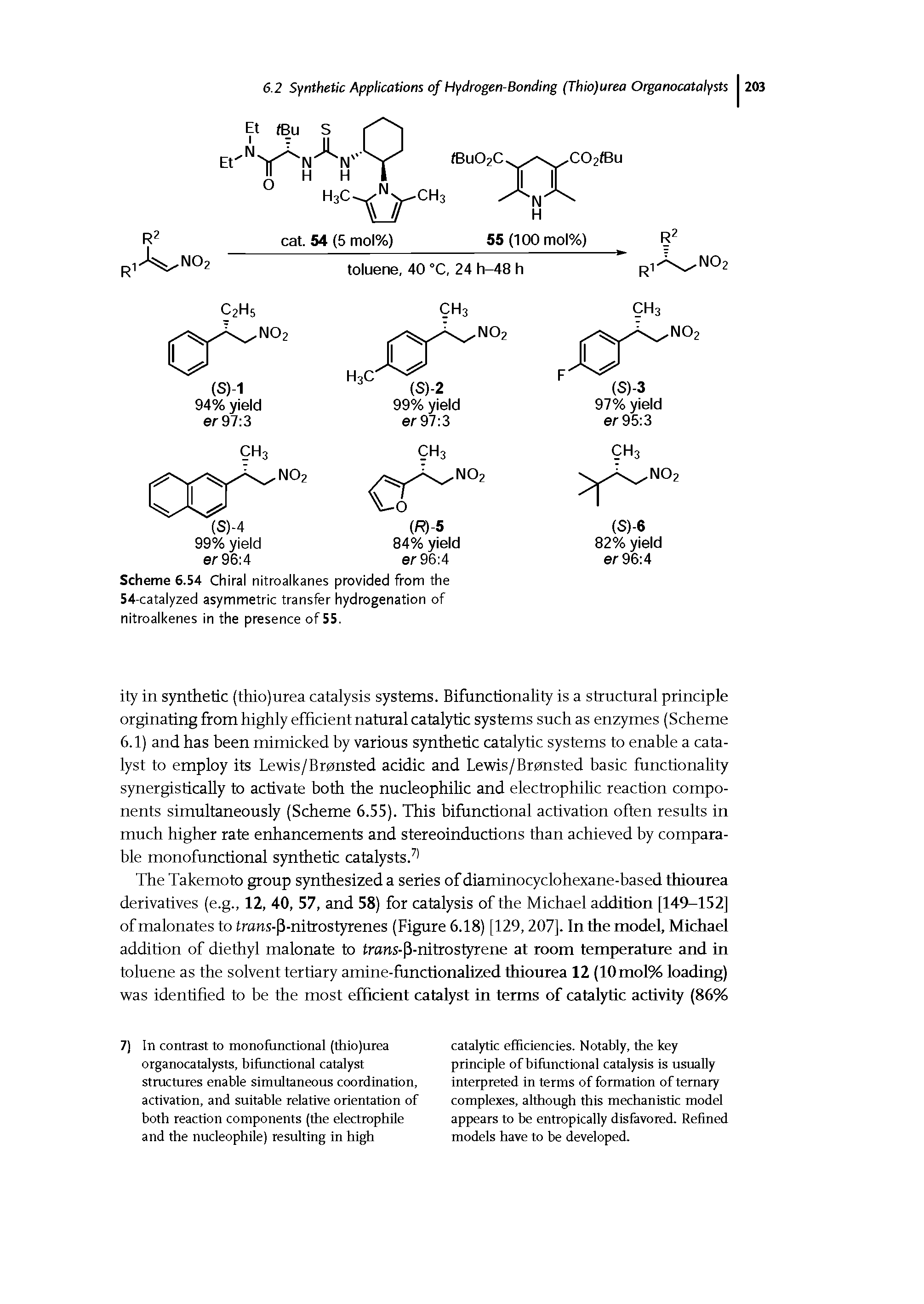 Scheme 6.54 Chiral nitroalkanes provided from the 54-catalyzed asymmetric transfer hydrogenation of nitroalkenes in the presence of 55.