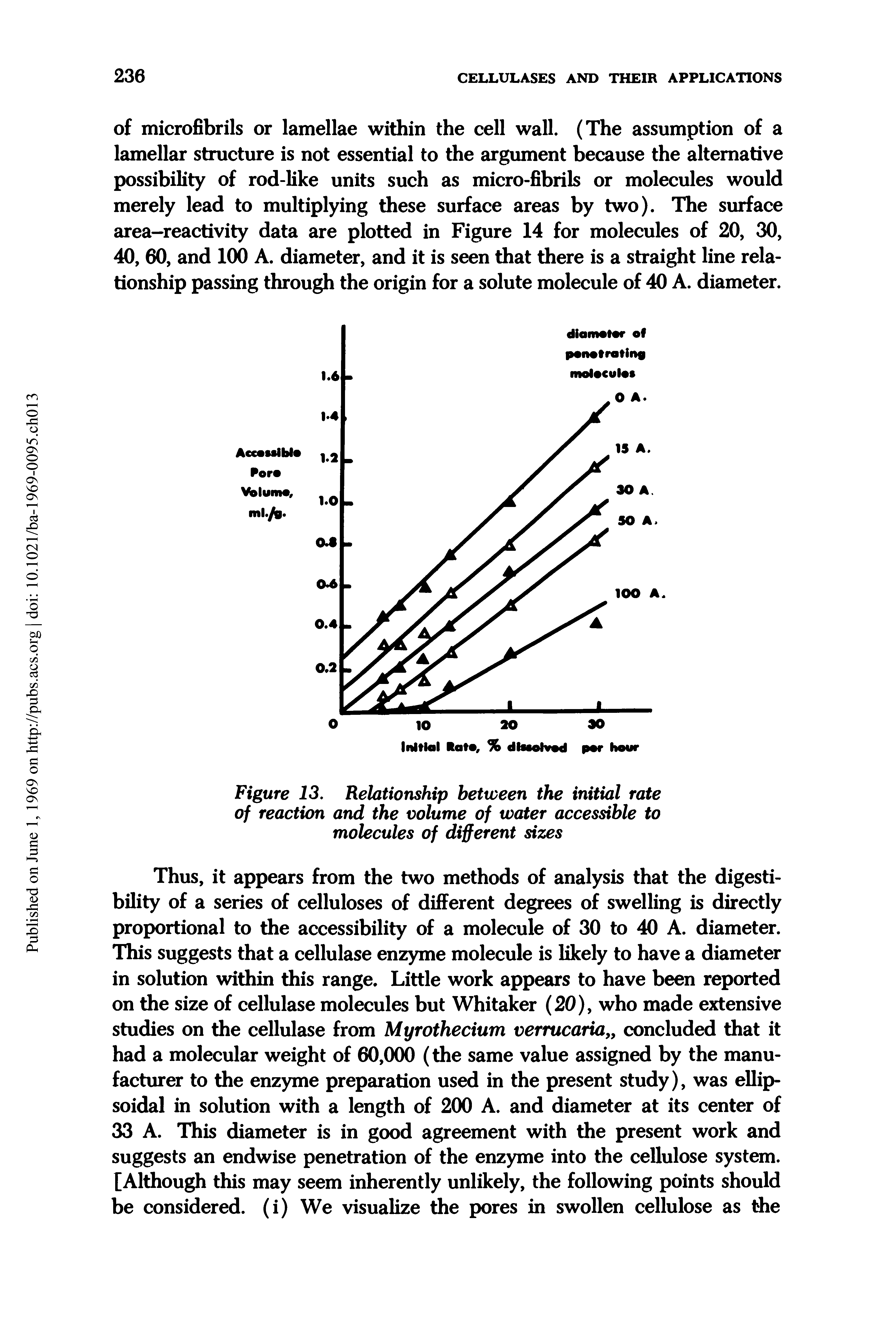 Figure 13. Relationship between the initial rate of reaction and the volume of water accessible to molecules of different sizes...