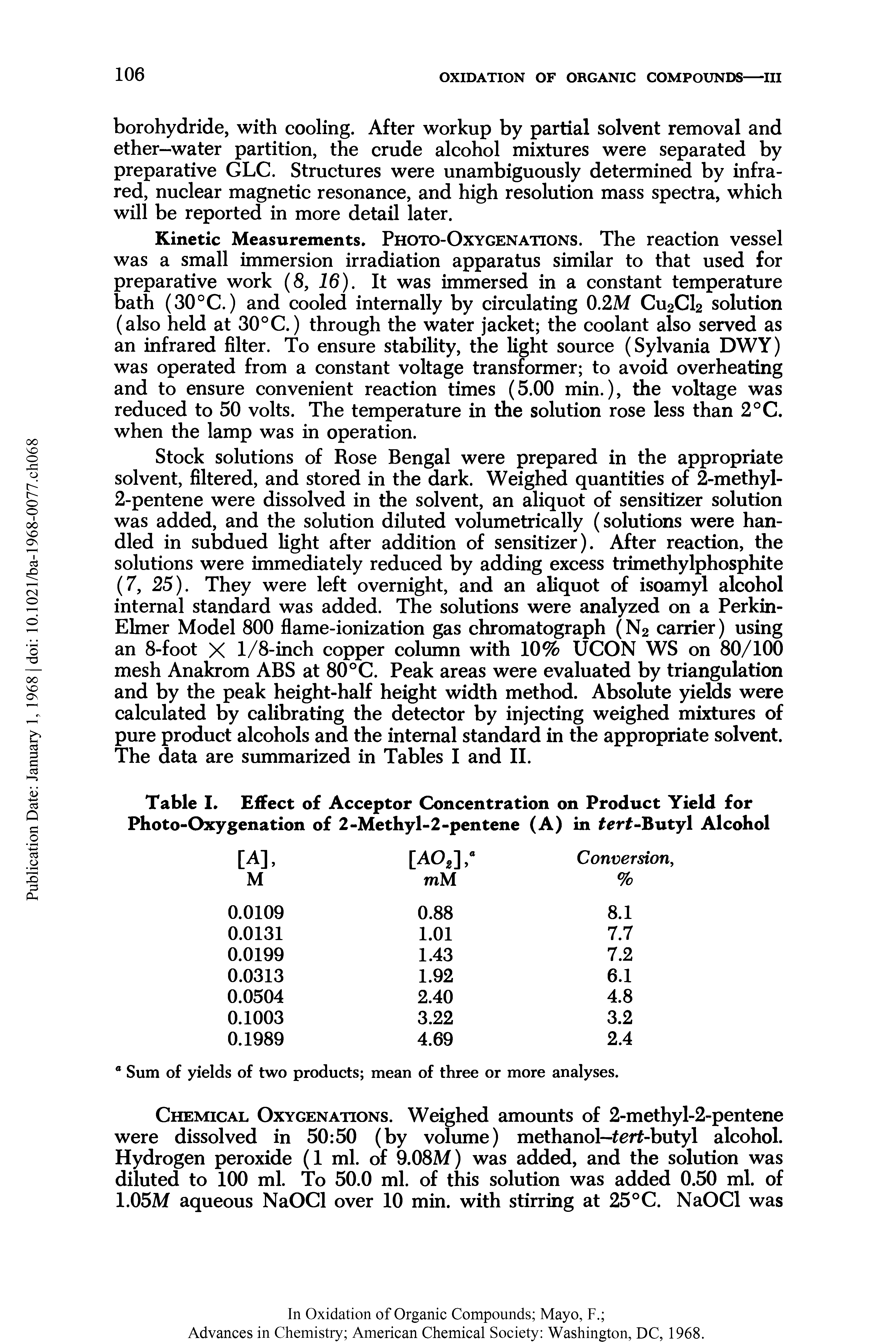 Table I. Effect of Acceptor Concentration on Product Yield for Photo-Oxygenation of 2-Methyl-2-pentene (A) in ferf-Butyl Alcohol...