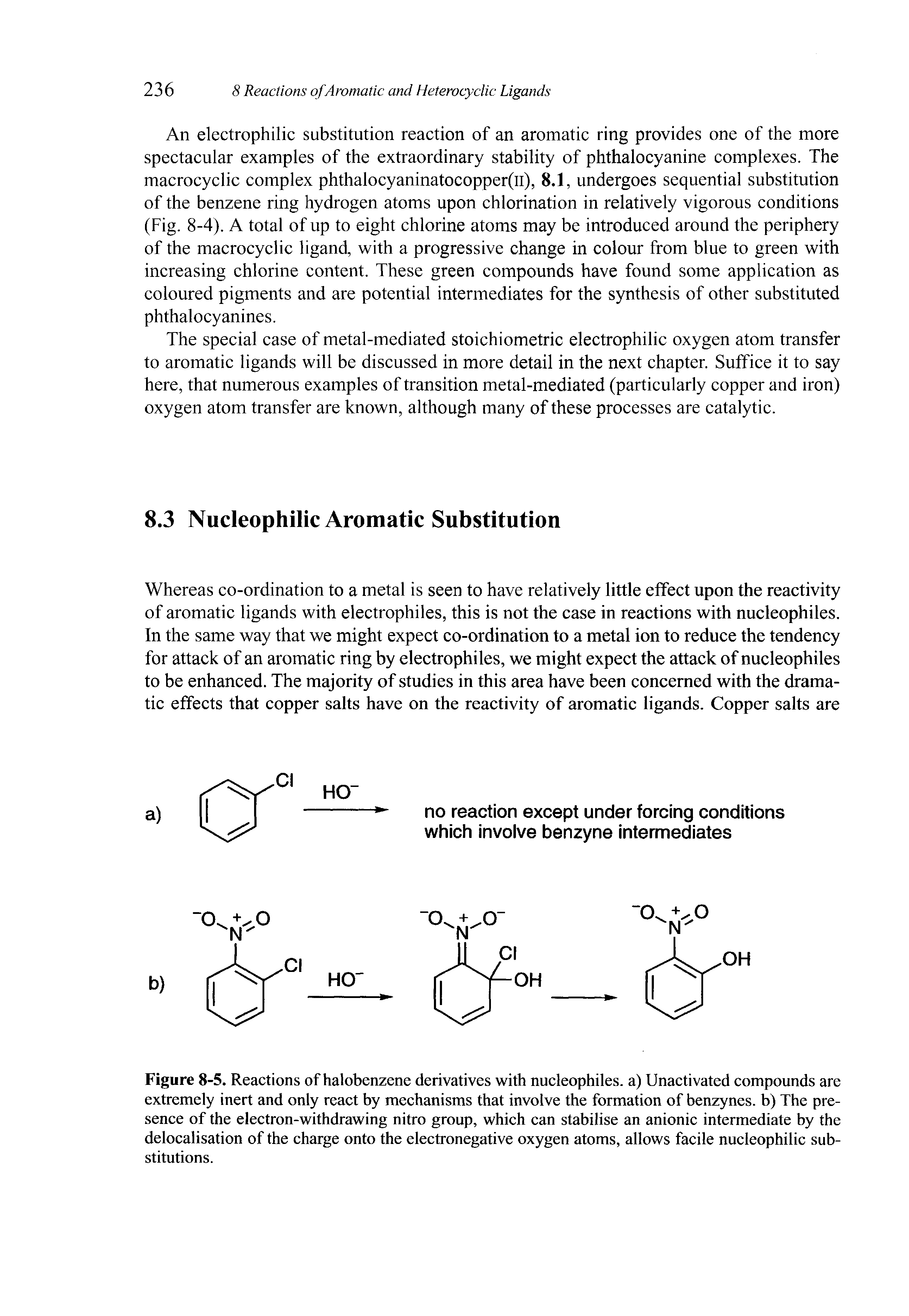 Figure 8-5. Reactions of halobenzene derivatives with nucleophiles, a) Unactivated compounds are extremely inert and only react by mechanisms that involve the formation of benzynes. b) The presence of the electron-withdrawing nitro group, which can stabilise an anionic intermediate by the delocalisation of the charge onto the electronegative oxygen atoms, allows facile nucleophilic substitutions.
