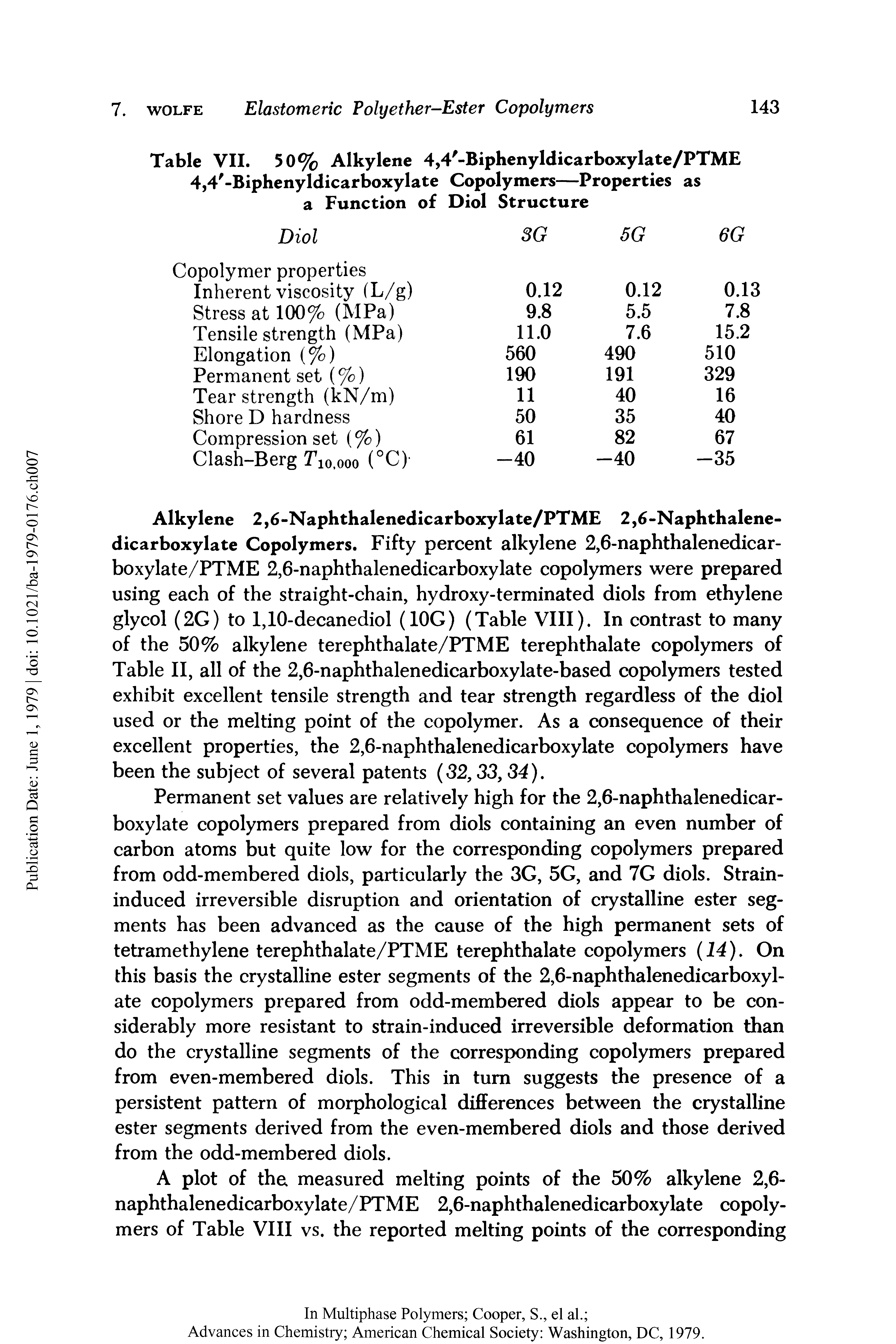 Table VII. 50% Alkylene 4,4 -Biphenyldicarboxylate/PTME 4,4 -Biphenyldicarboxylate Copolymers—Properties as a Function of Diol Structure...