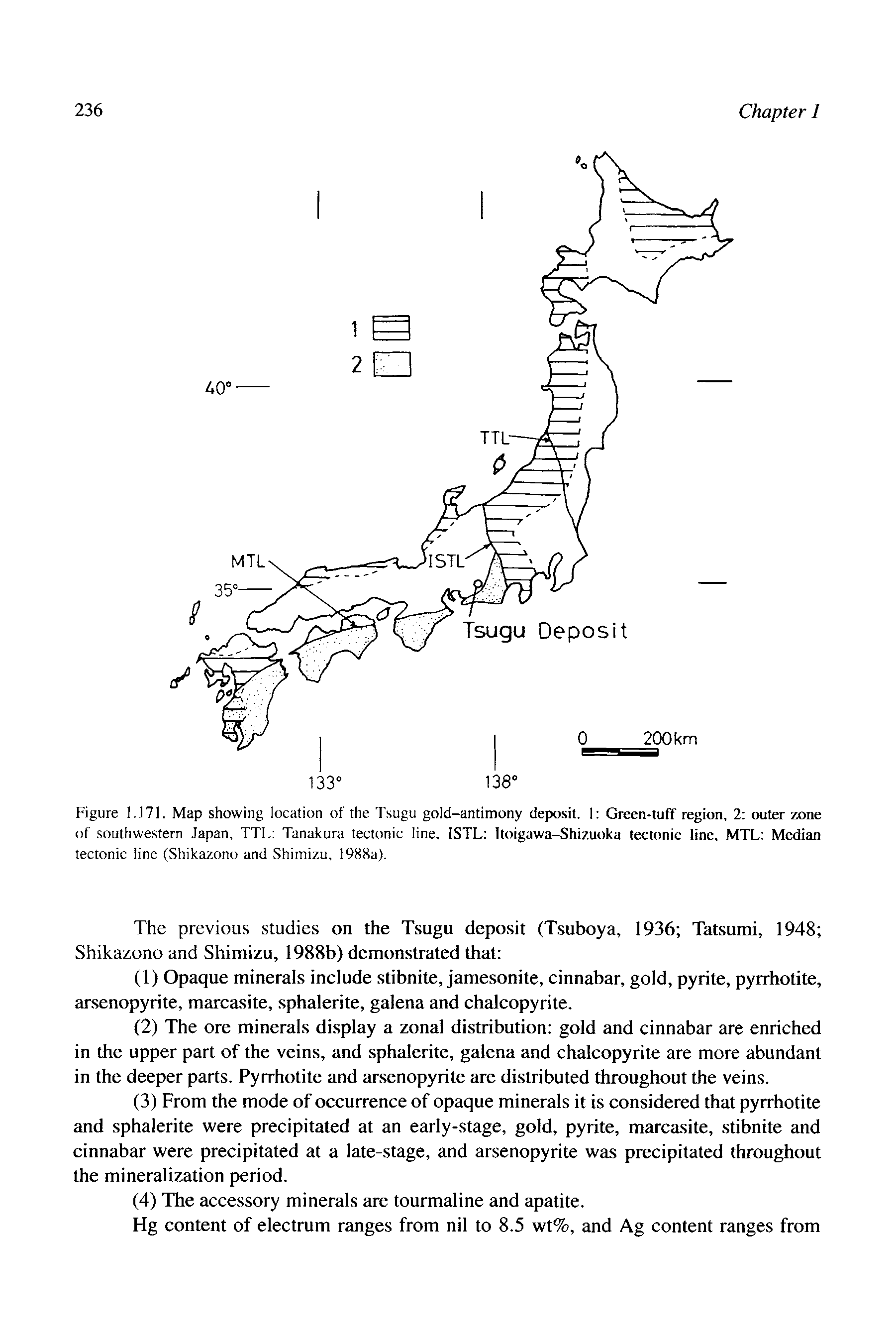 Figure 1.171. Map showing location of the Tsugu gold-antimony deposit. 1 Green-tuff region, 2 outer zone of southwestern Japan, TTL Tanakura tectonic line, ISTL Itoigawa-Shizuoka tectonic line, MTL Median...