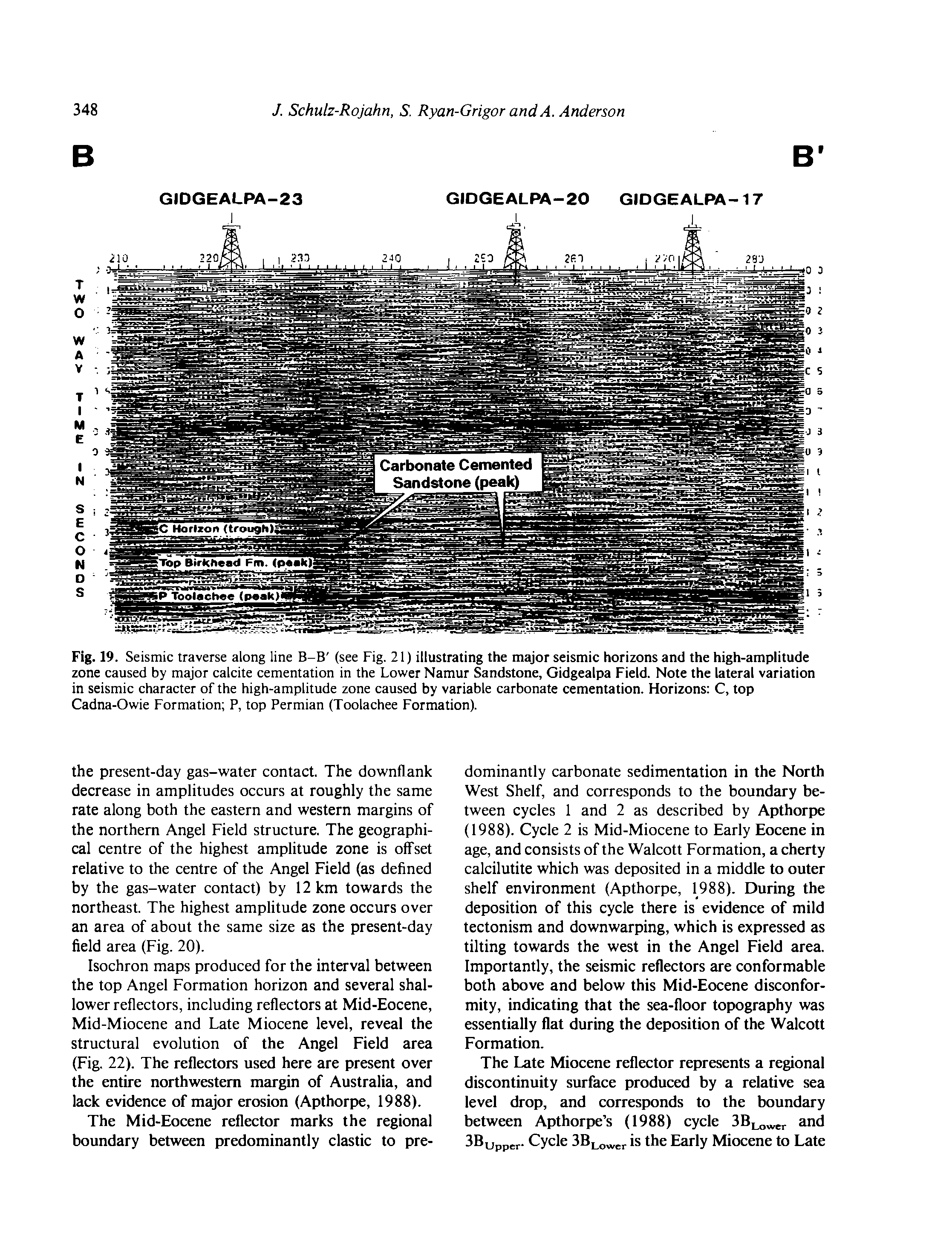 Fig. 19. Seismic traverse along line B-B (see Fig. 21) illustrating the major seismic horizons and the high-amplitude zone caused by major calcite cementation in the Lower Namur Sandstone, Gidgealpa Field. Note the lateral variation in seismic character of the high-amplitude zone caused by variable carbonate cementation. Horizons C, top Cadna-Owie Formation P, top Permian (Toolachee Formation).