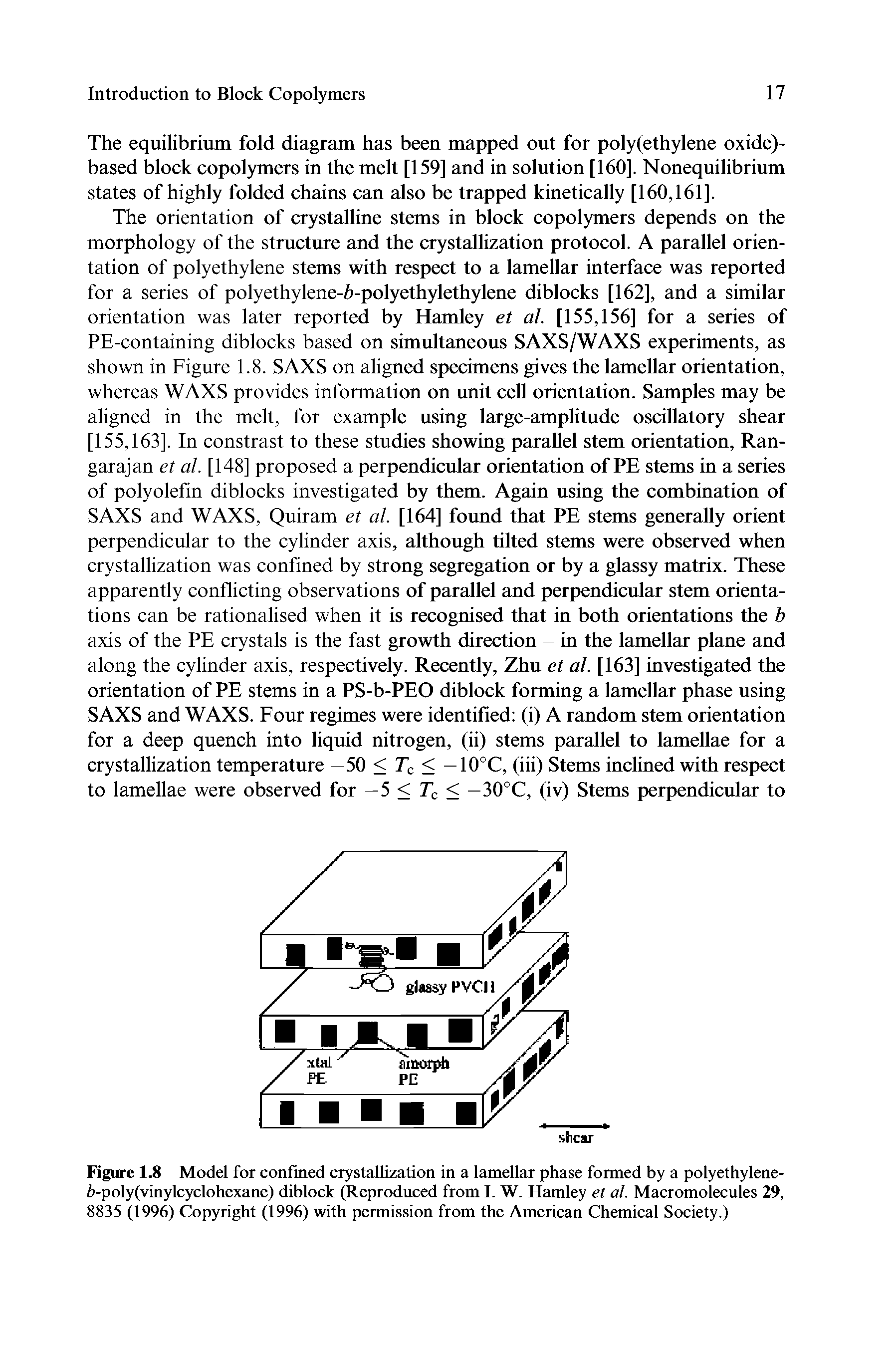 Figure 1.8 Model for confined crystallization in a lamellar phase formed by a polyethylene-i>-poly(vinylcyclohexane) diblock (Reproduced from I. W. Hamley et al. Macromolecules 29, 8835 (1996) Copyright (1996) with permission from the American Chemical Society.)...