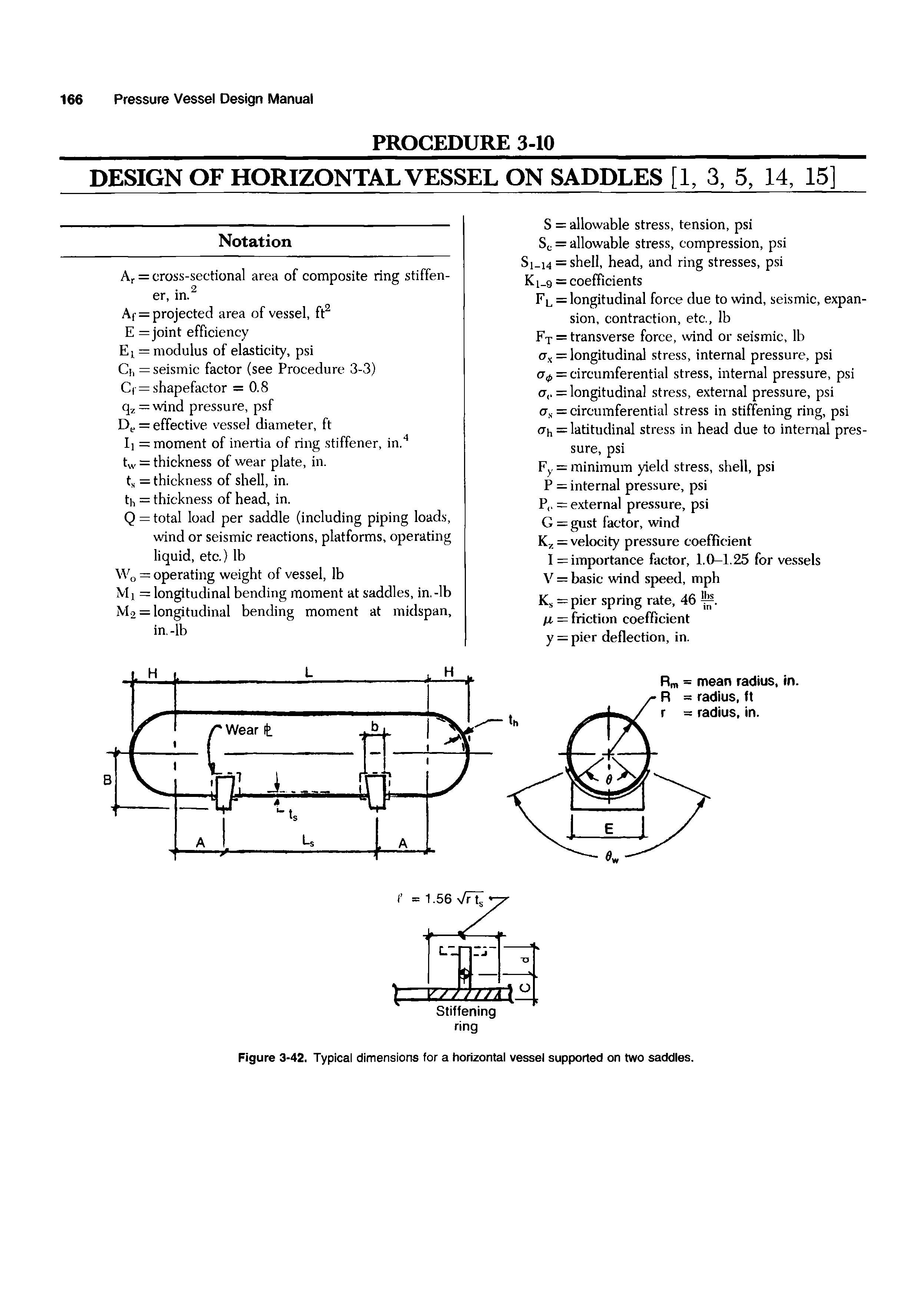 Figure 3-42. Typical dimensions for a horizontal vessel supported on two saddles.