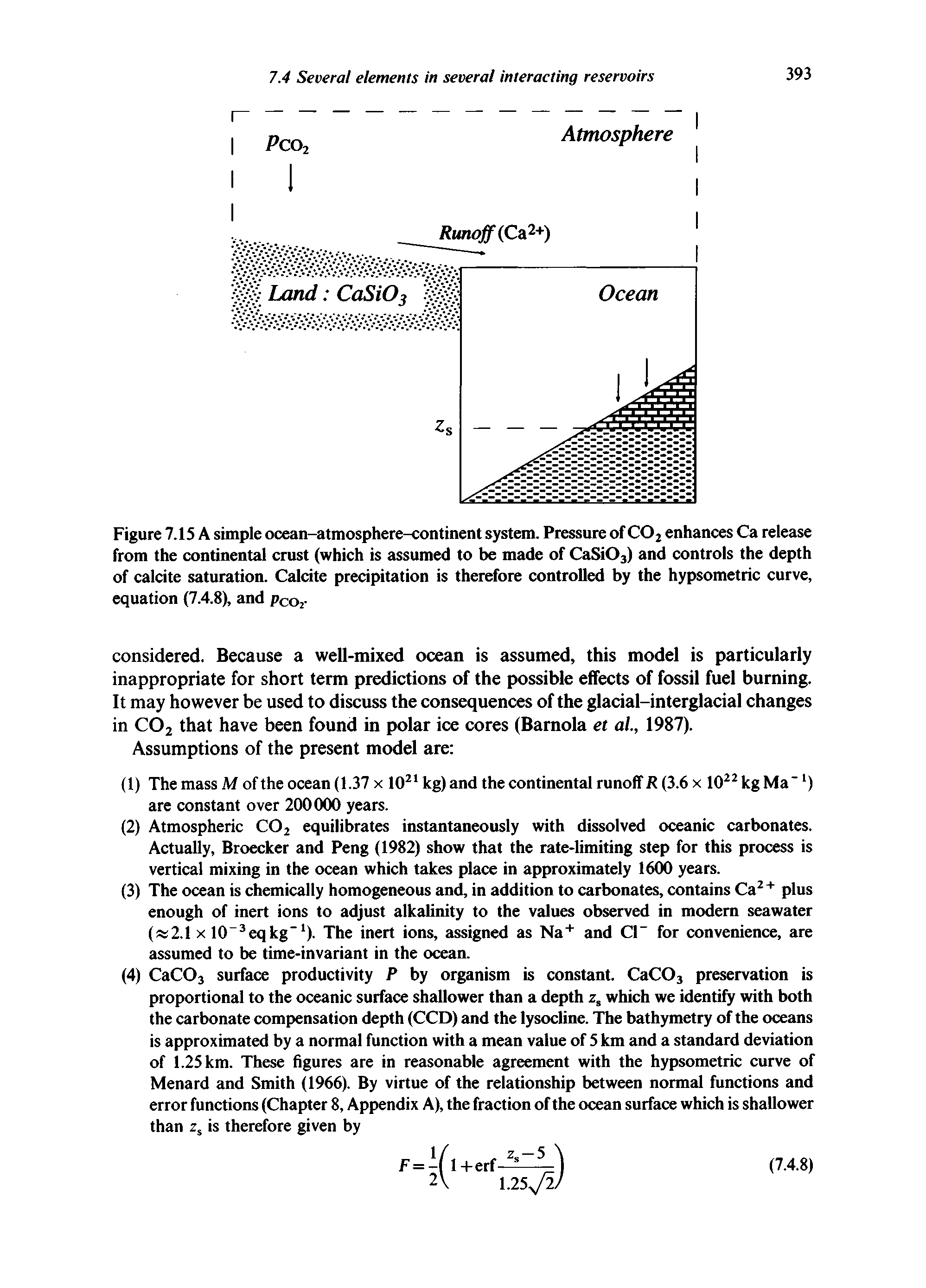 Figure 7.15 A simple ocean-atmosphere-continent system. Pressure of C02 enhances Ca release from the continental crust (which is assumed to be made of CaSi03) and controls the depth of calcite saturation. Calcite precipitation is therefore controlled by the hypsometric curve, equation (7.4.8), and Pco2-...
