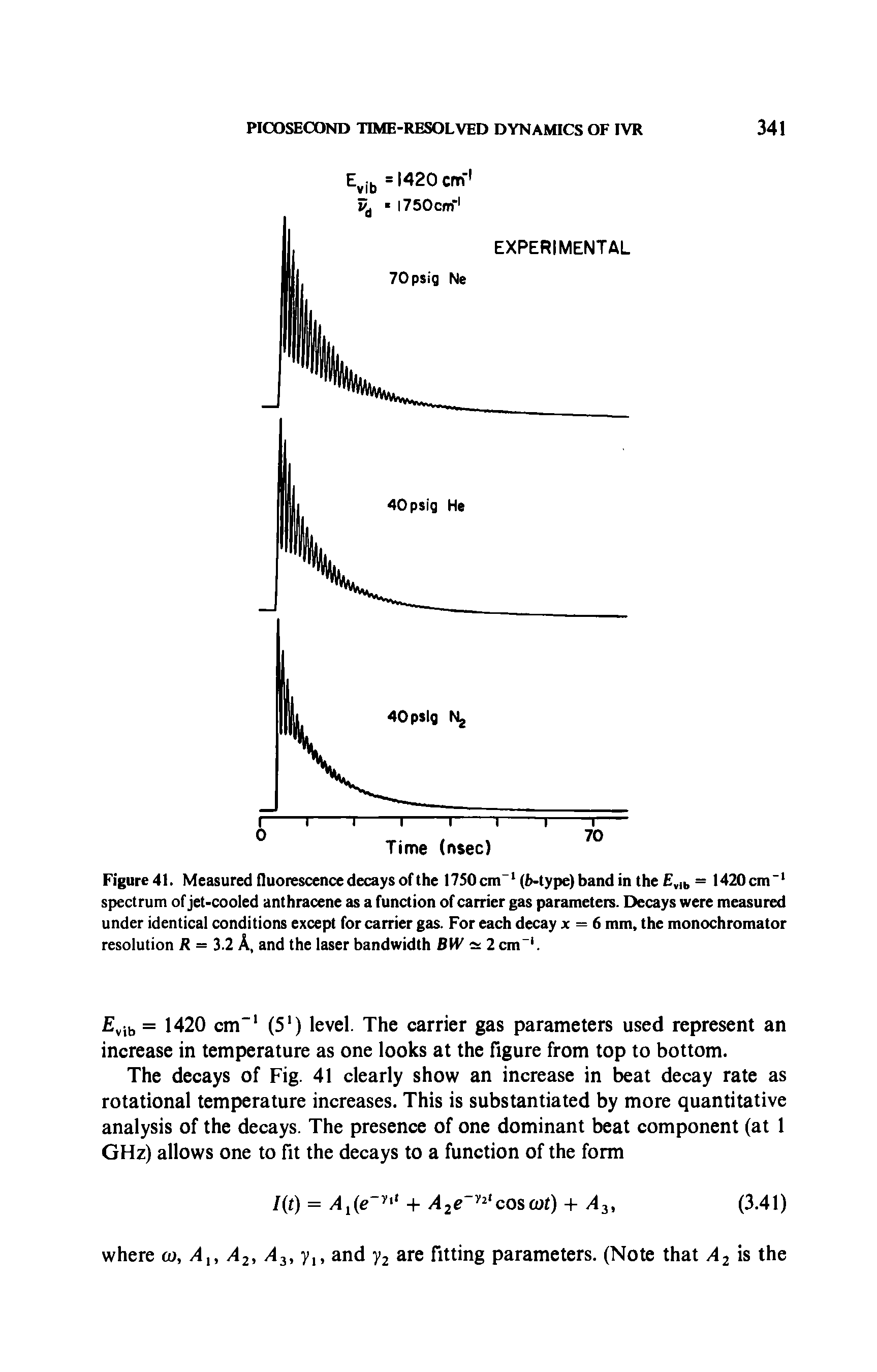 Figure 41. Measured fluorescence decays of the 1750 cm-1 (h-type) band in the v,b = 1420cm"1 spectrum of jet-cooled anthracene as a function of carrier gas parameters. Decays were measured under identical conditions except for carrier gas. For each decay x = 6 mm, the monochromator resolution R = 3.2 A, and the laser bandwidth BW cs 2 cm"1.