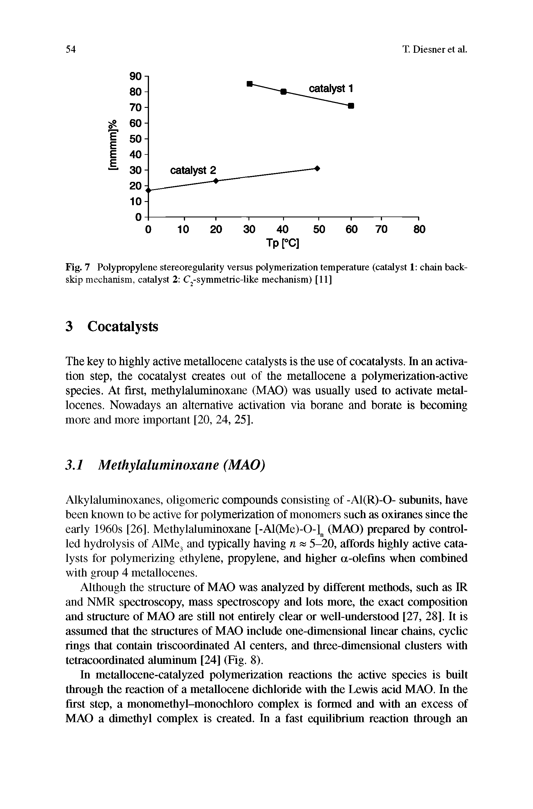 Fig. 7 Polypropylene stereoregularity versus polymerization temperature (catalyst 1 chain back-skip mechanism, catalyst 2 C2-symmetric-like mechanism) [11]...