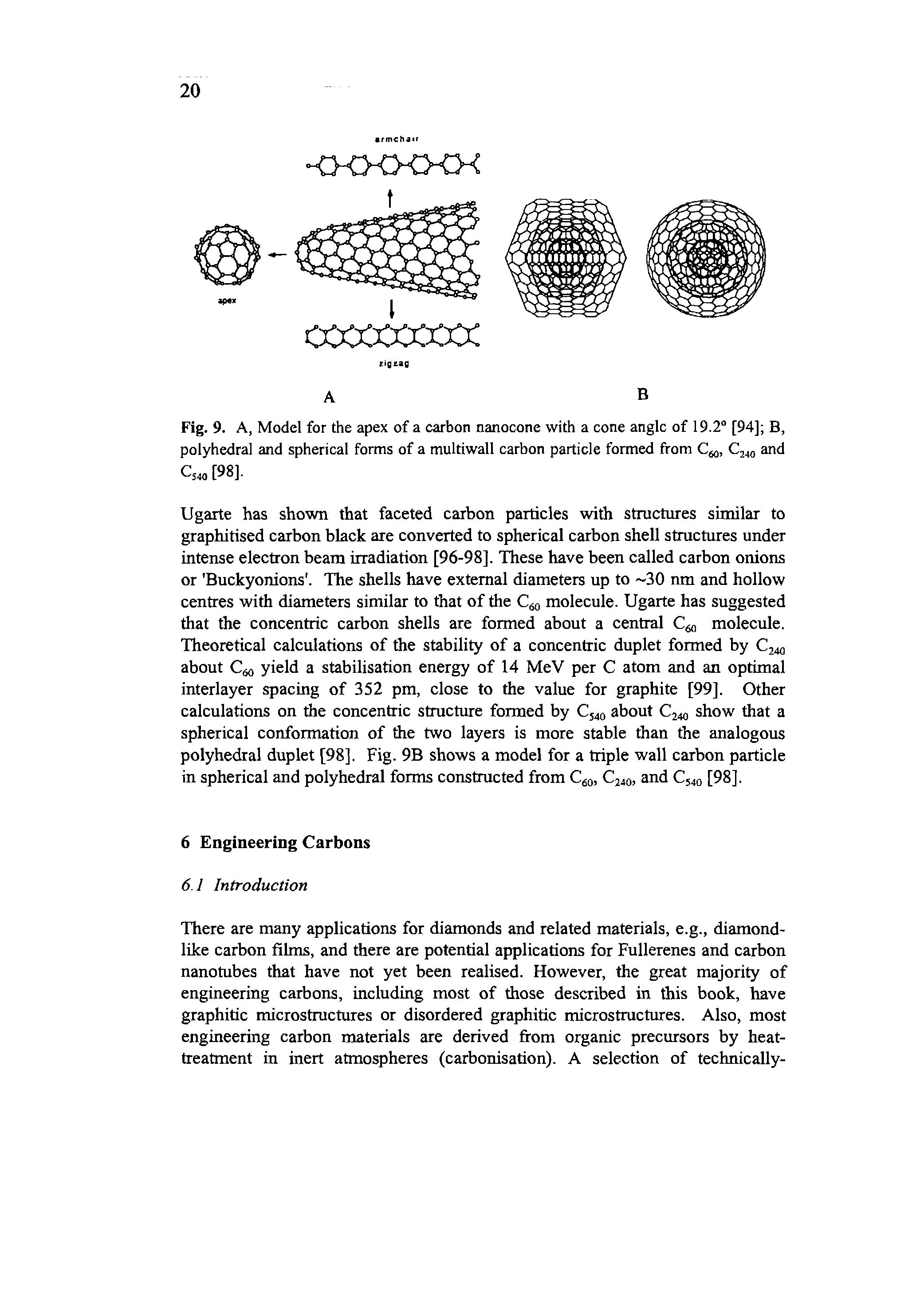 Fig. 9. A, Model for the apex of a carbon nanocone with a cone angle of 19.2 [94] B, polyhedral and spherical forms of a multiwall carbon particle formed from and...