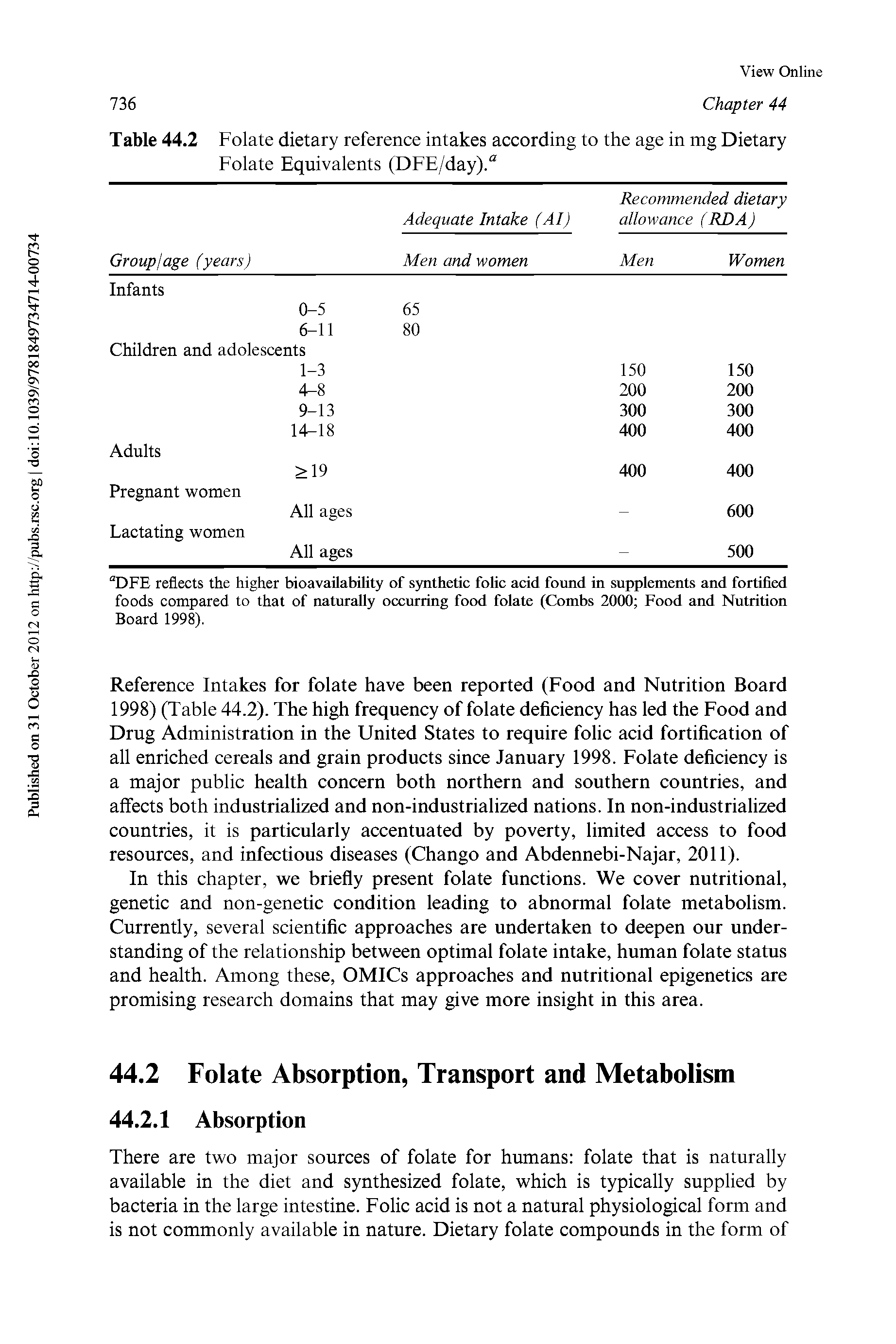 Table 44.2 Folate dietary reference intakes according to the age in mg Dietary Folate Equivalents (DFE/day). ...