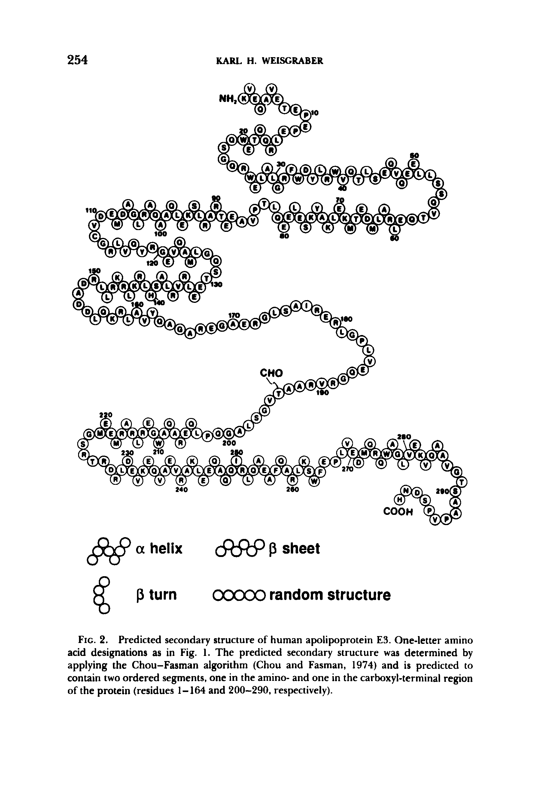 Fig. 2. Predicted secondary structure of human apolipoprotein E3. One-letter amino acid designations as in Fig. 1. The predicted secondary structure was determined by applying the Chou-Fasman algorithm (Chou and Fasman, 1974) and is predicted to contain two ordered segments, one in the amino- and one in the carboxyl-terminal region of the protein (residues 1-164 and 200-290, respectively).