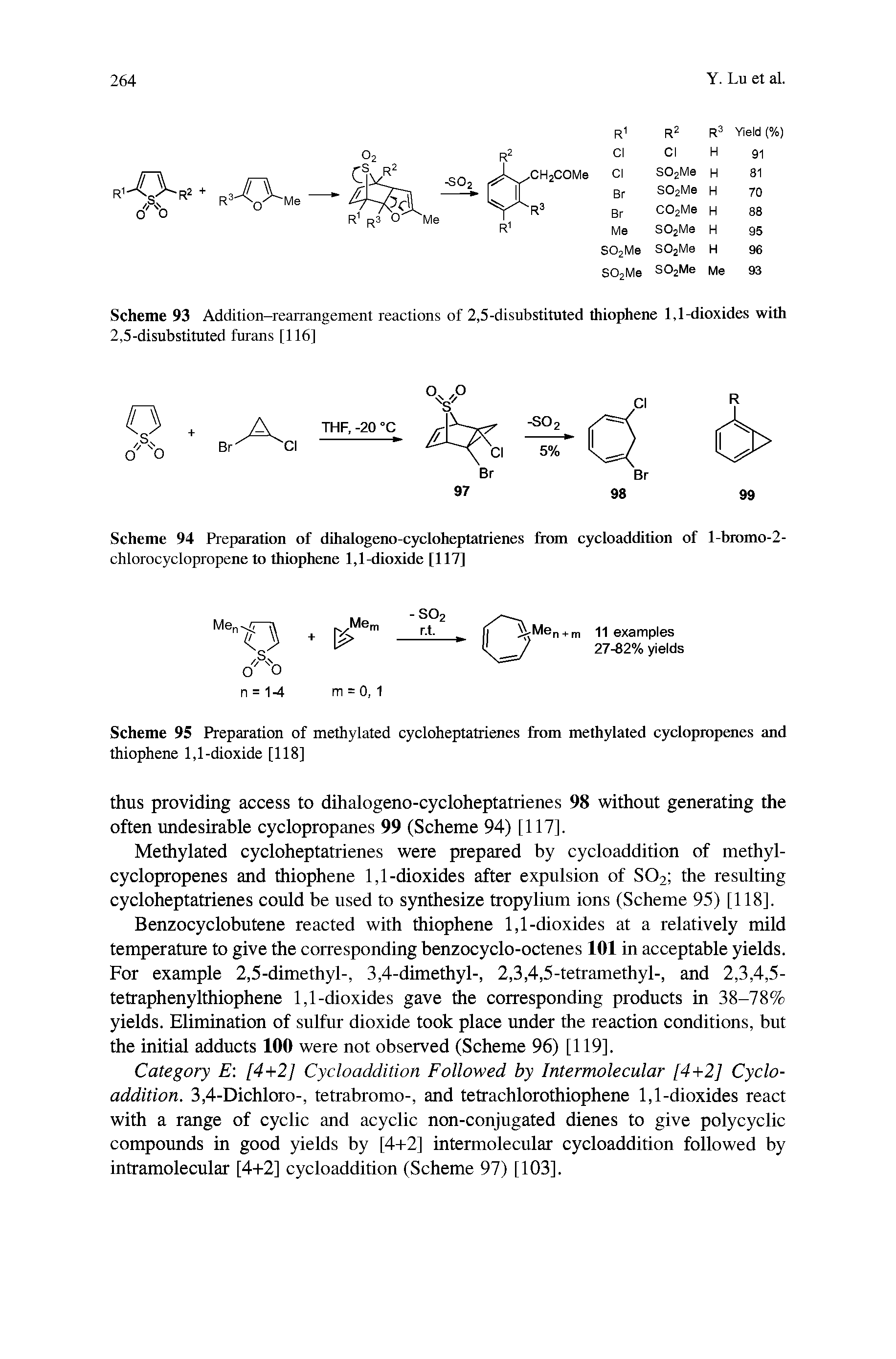 Scheme 93 Addition-rearrangement reactions of 2,5-disubstituted thiophene 1,1-dioxides with 2,5-disubstituted furans [116]...