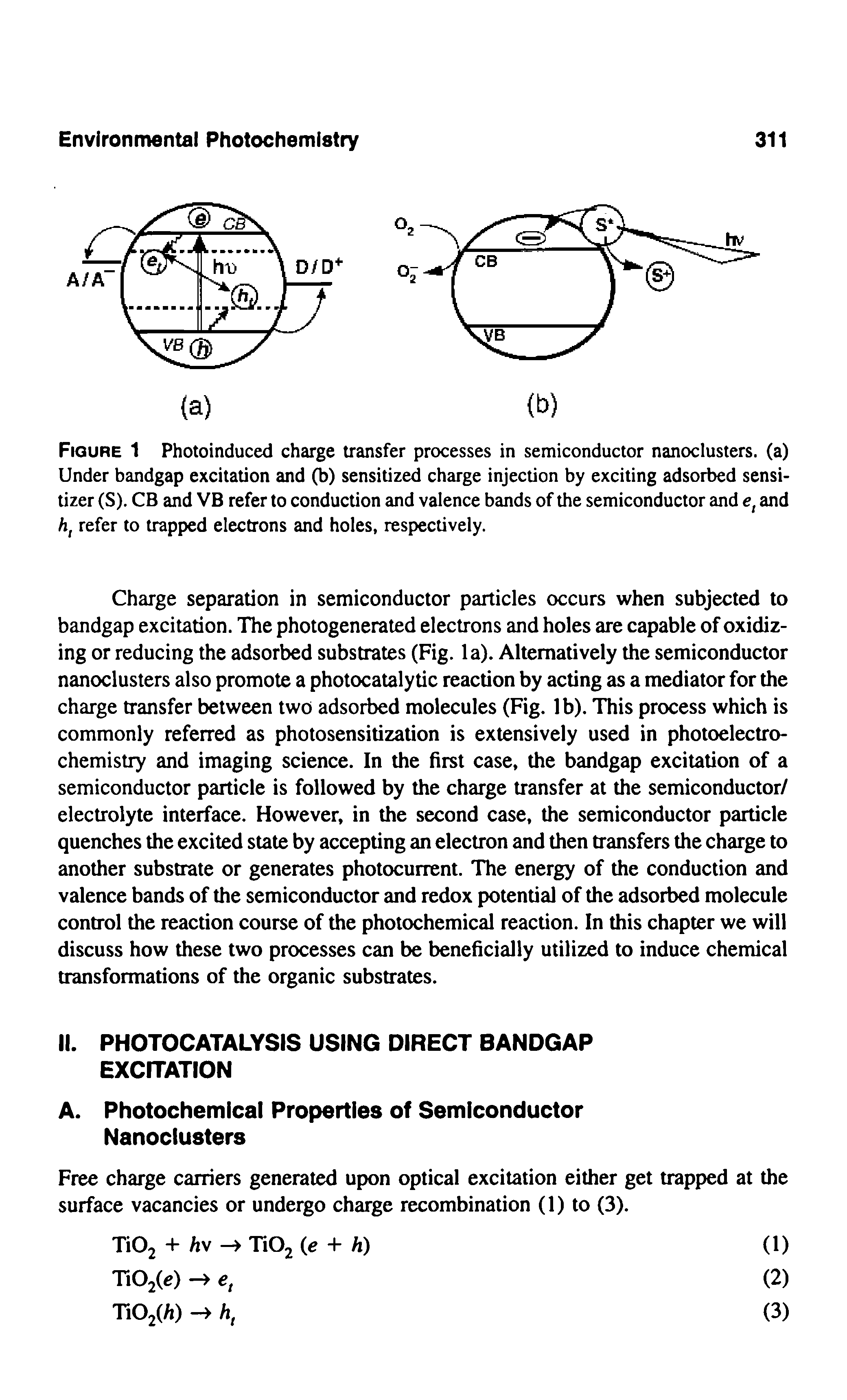 Figure 1 Photoinduced charge transfer processes in semiconductor nanoclusters, (a) Under bandgap excitation and (b) sensitized charge injection by exciting adsorbed sensitizer (S). CB and VB refer to conduction and valence bands of the semiconductor and et and ht refer to trapped electrons and holes, respectively.