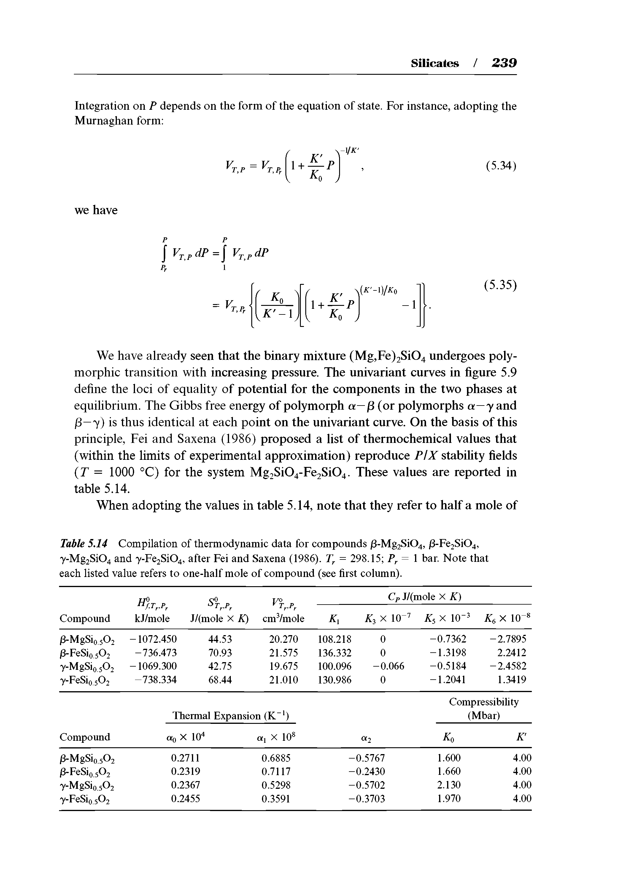 Table 5.14 Compilation of thermodynamic data for compounds /3-Mg2Si04, /3-Fe2Si04, y-Mg2Si04 and y-Fe2Si04, after Fei and Saxena (1986). T = 298.15 /, .= bar. Note that each listed value refers to one-half mole of compound (see first column).
