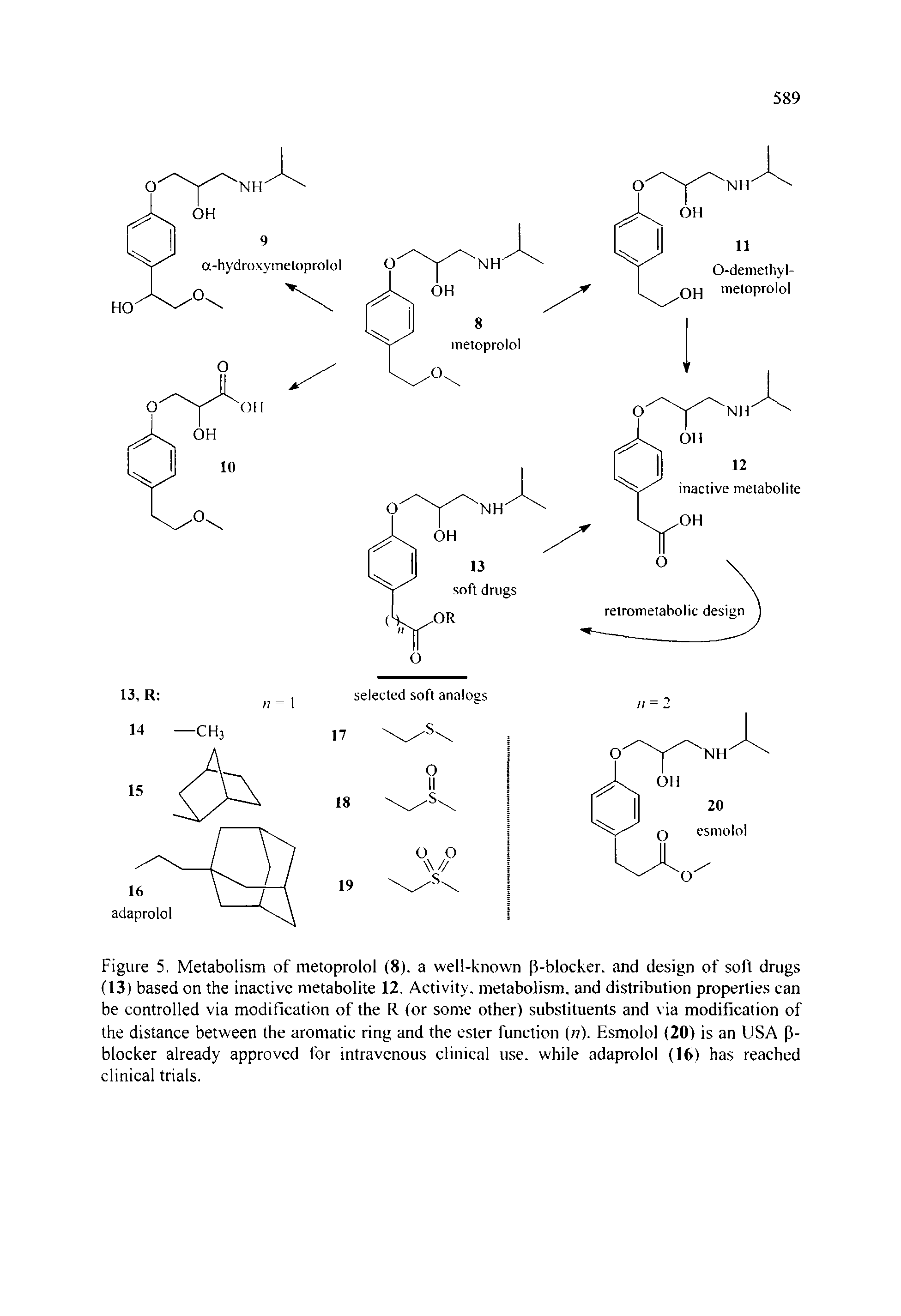 Figure 5. Metabolism of metoprolol (8). a well-known p-blocker. and design of soft drugs (13) based on the inactive metabolite 12. Activity, metabolism, and distribution properties can be controlled via modification of the R (or some other) substituents and via modification of the distance between the aromatic ring and the ester function (77). Esmolol (20) is an USA P-blocker already approved for intravenous clinical use. while adaprolol (16) has reached clinical trials.