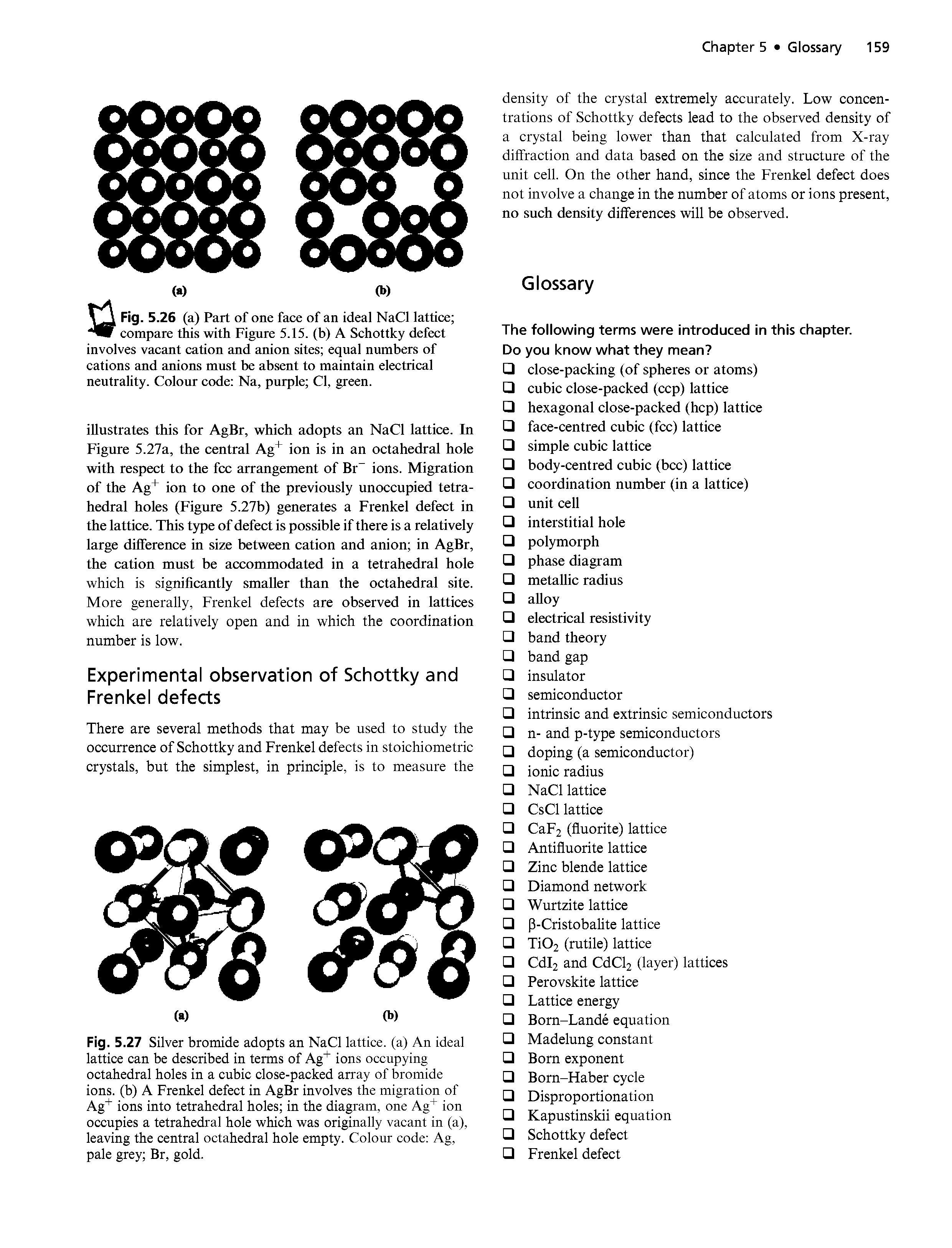 Fig. 5.27 Silver bromide adopts an NaCl lattice, (a) An ideal lattice can be described in terms of Ag ions occupying octahedral holes in a cubic close-packed array of bromide ions, (b) A Frenkel defect in AgBr involves the migration of Ag ions into tetrahedral holes in the diagram, one Ag+ ion occupies a tetrahedral hole which was originally vacant in (a), leaving the central octahedral hole empty. Colour code Ag, pale grey Br, gold.