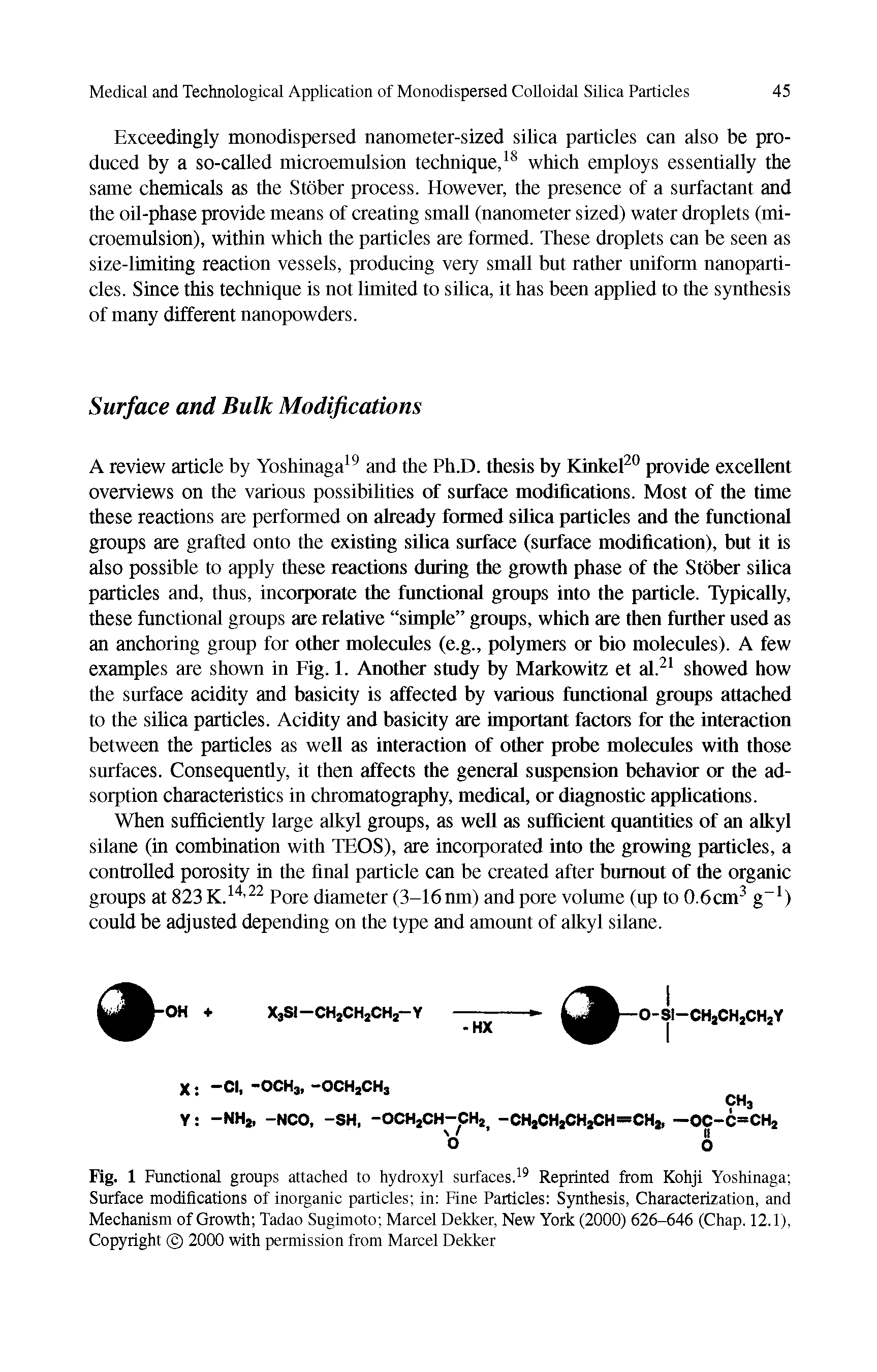 Fig. 1 Functional groups attached to hydroxyl surfaces. Reprinted from Kohji Yoshinaga Surface modifications of inorganic particles in Fine Particles Synthesis, Characterization, and Mechanism of Growth Tadao Sugimoto Marcel Dekker, New York (2000) 626-646 (Chap. 12.1), Copyright 2000 with permission from Marcel Dekker...